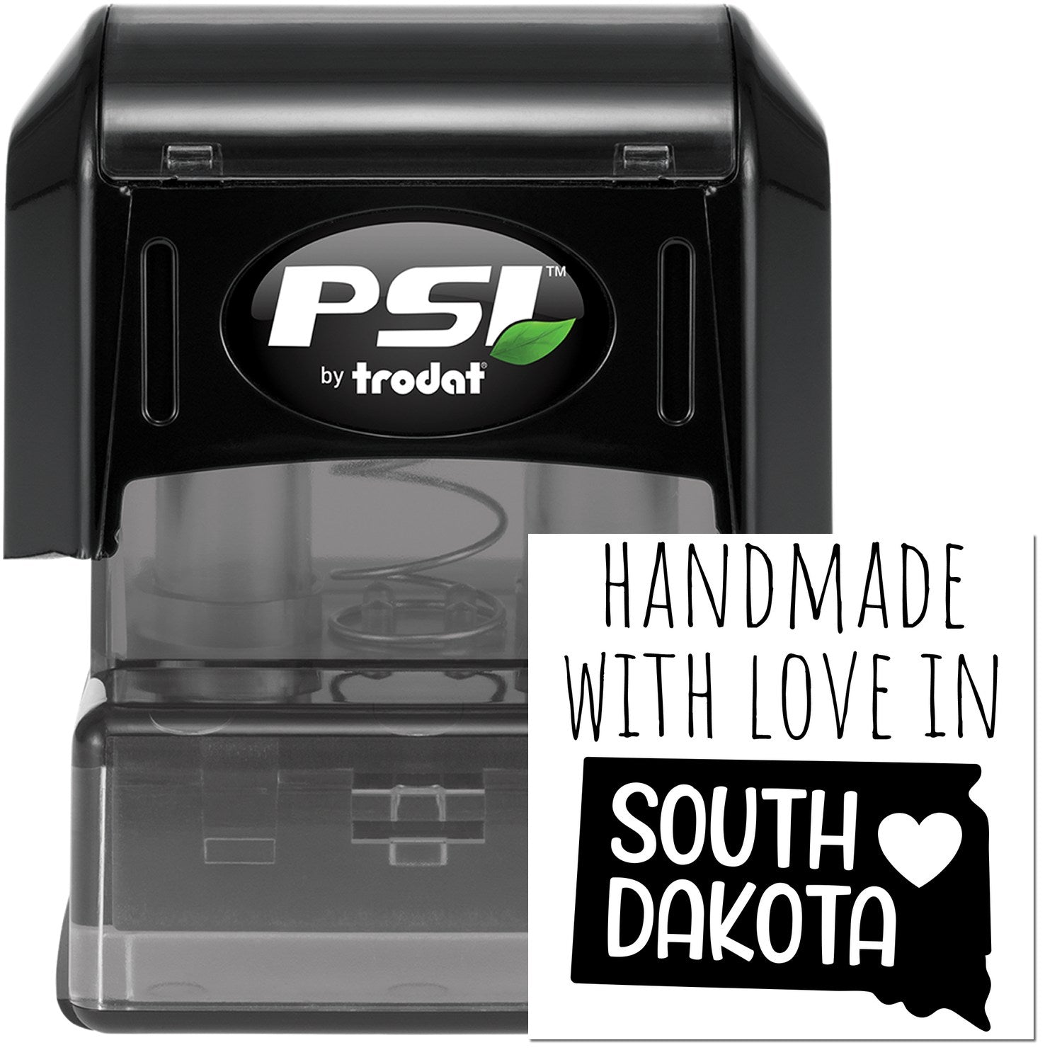 PSI Pre-Inked Handmade with Love in South Dakota stamp, featuring a black casing and a design with 'Handmade with Love in South Dakota' text and heart graphic.