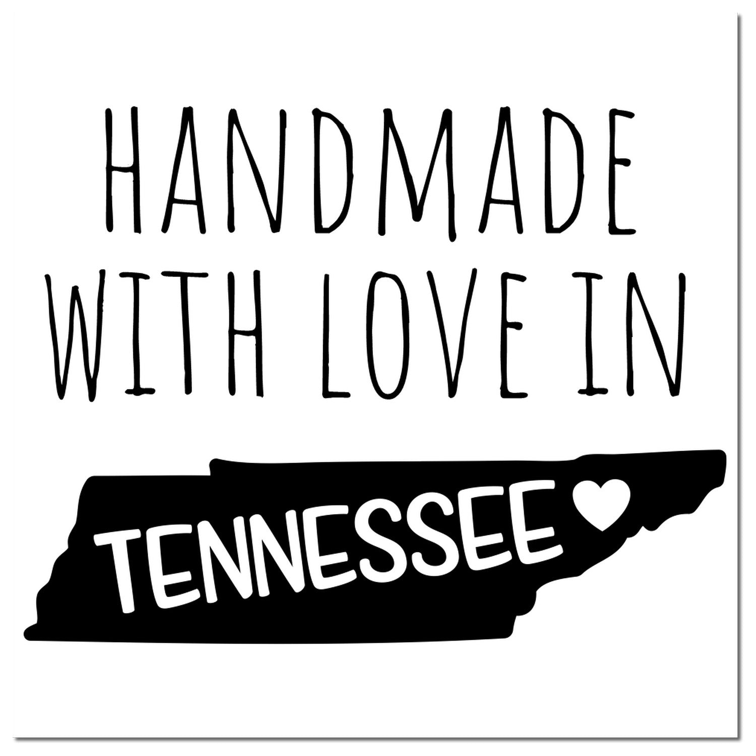 PSI Pre-Inked Handmade with Love in Tennessee stamp featuring black text and a heart on a Tennessee state outline.