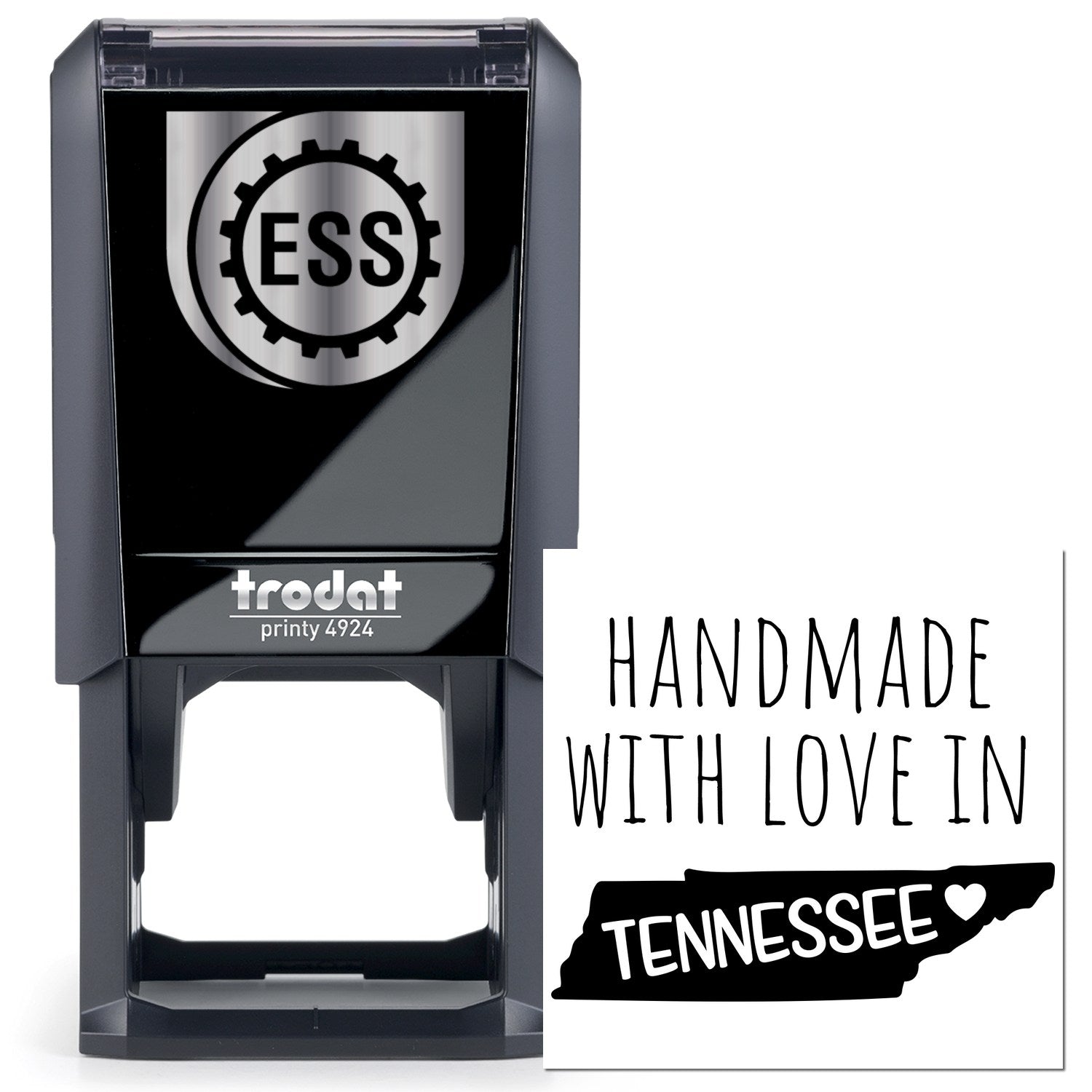 Self-Inking Tennessee Handmade with Love Stamp featuring a sleek black design and Handmade with Love in Tennessee text, perfect for adding a personal touch to crafts and gifts.