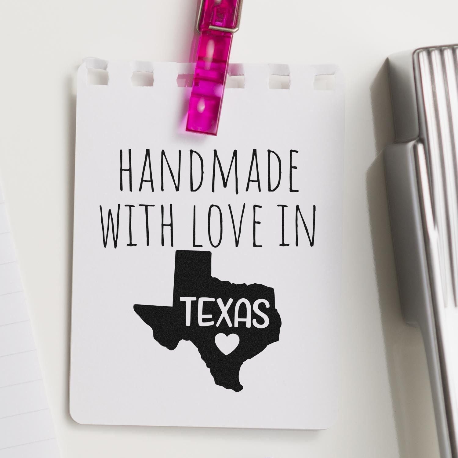 Self-Inking Texas Handmade with Love Stamp featuring a Texas outline and heart, perfect for adding a personal touch to crafts and gifts.