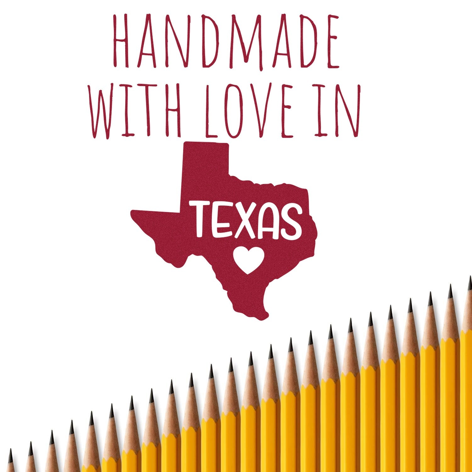 Wood Handle Texas Handmade with Love Rubber Stamp featuring a Texas map design and heart, displayed with a row of yellow pencils. Perfect for crafts and personalized projects.