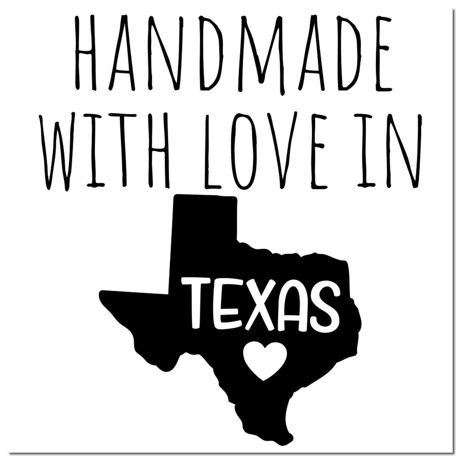 Self-Inking Texas Handmade with Love Stamp featuring a black imprint of Texas with Handmade with Love in Texas text and a heart symbol. Perfect for crafts and personalized projects.