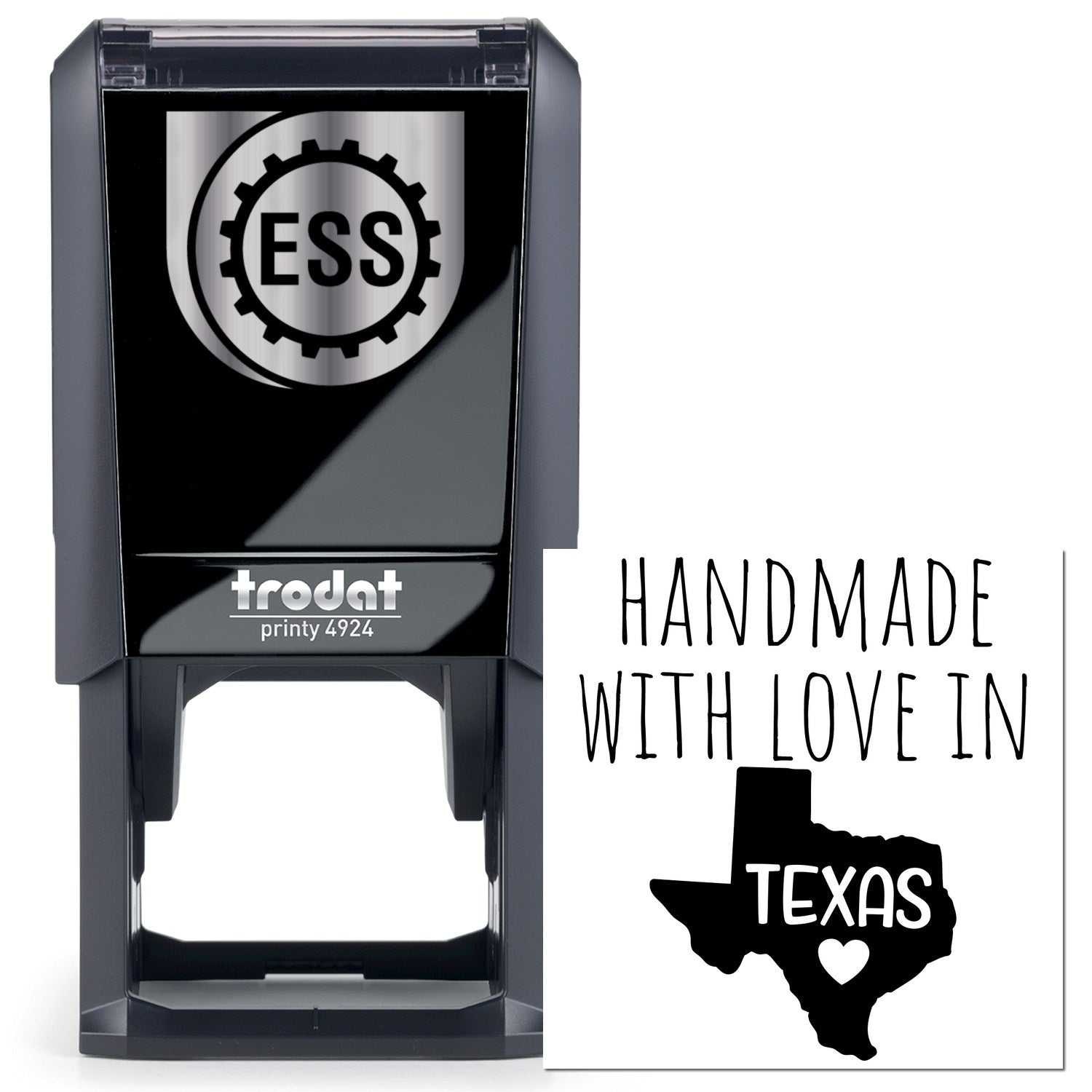 Self-Inking Texas Handmade with Love Stamp featuring a black casing and Handmade with Love in Texas design, perfect for adding a personal touch to crafts and gifts.