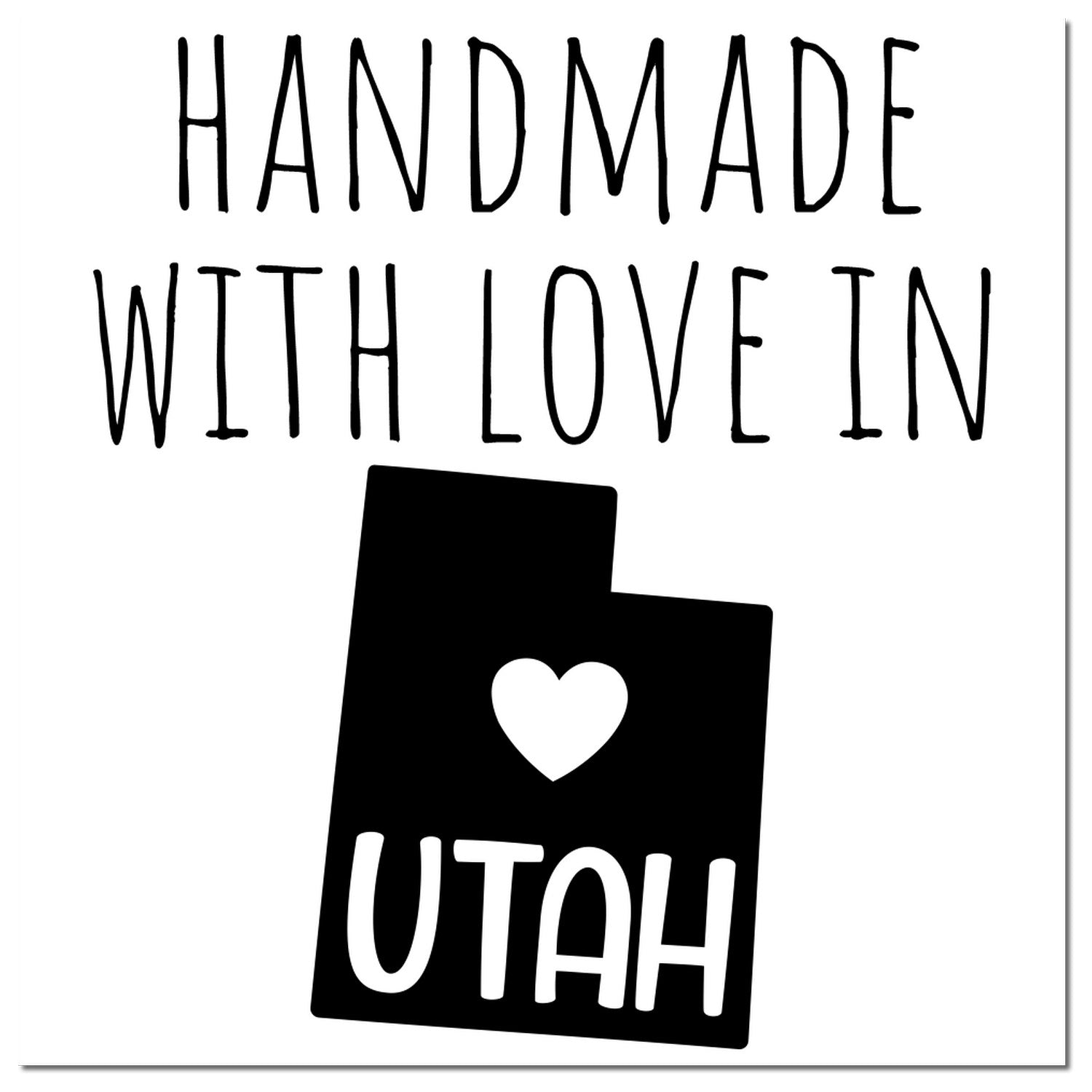 Wood Handle Utah Handmade with Love Rubber Stamp featuring a heart inside the Utah state outline, with text 'Handmade with Love in Utah' in bold black letters.