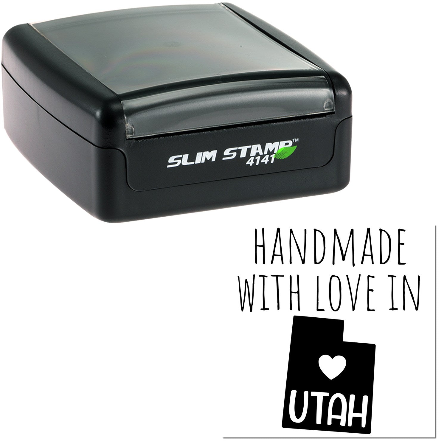 Handmade with Love in Utah Slim Pre-Inked Stamp, featuring a sleek black design with 'Slim Stamp 4141' branding, perfect for efficient and clean stamping.