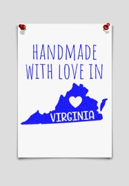 Wood Handle Virginia Handmade with Love Rubber Stamp featuring a heart and Virginia state outline, perfect for crafts and gifts.