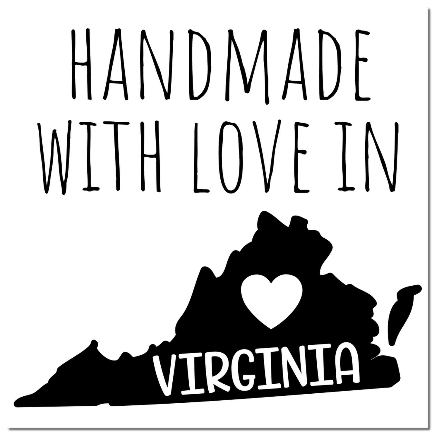 Wood Handle Virginia Handmade with Love Rubber Stamp featuring a silhouette of Virginia with a heart, and the text Handmade with Love in Virginia. Perfect for crafts and personalized projects.