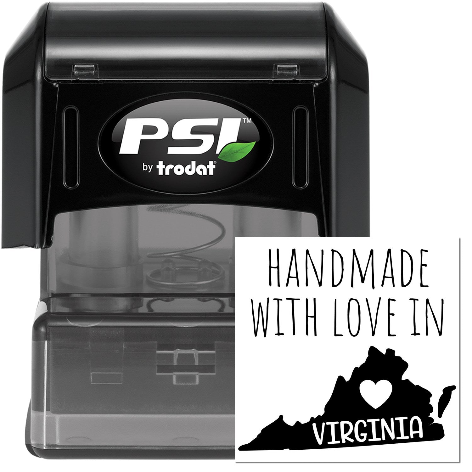 PSI Pre-Inked Handmade with Love in Virginia stamp, featuring a black casing and a design with a heart over Virginia. Perfect for personalized crafts and gifts.