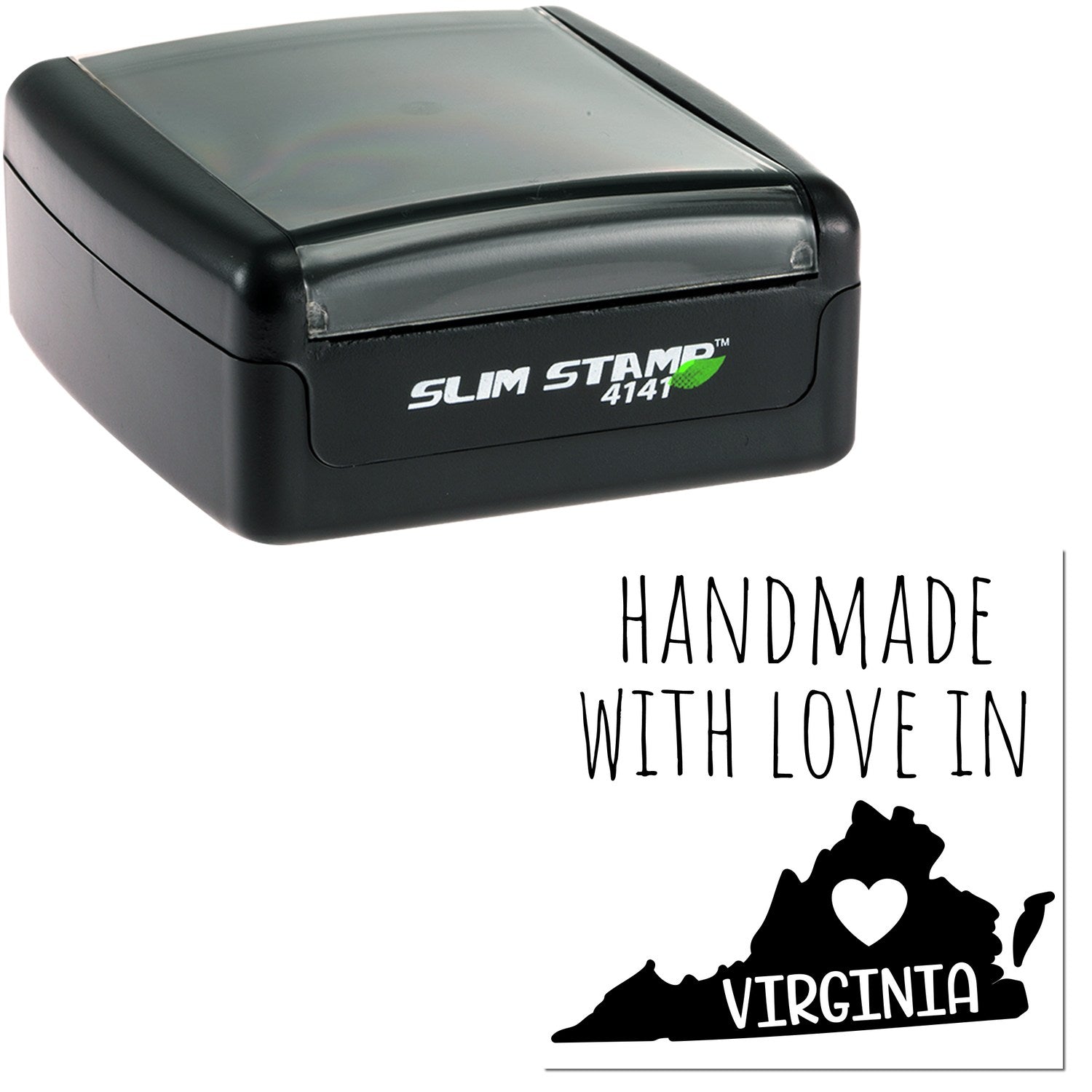 Handmade with Love in Virginia Slim Pre-Inked Stamp, featuring a sleek black design with 'Slim Stamp 4141' branding and a Virginia state outline with heart graphic.