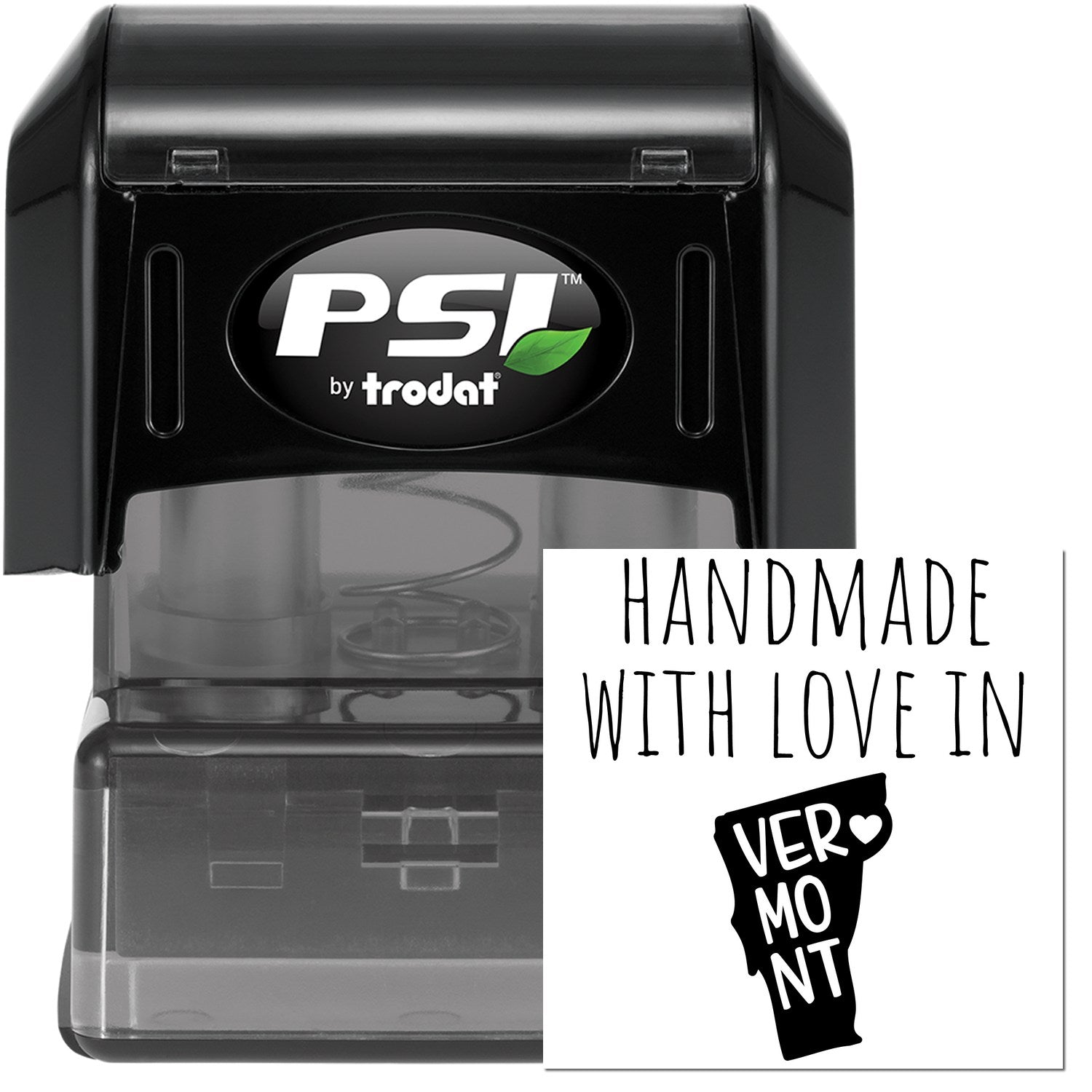 PSI Pre-Inked Handmade with Love in Vermont stamp, featuring a black casing and clear base, with 'Handmade with Love in Vermont' text and state outline on the stamp face.