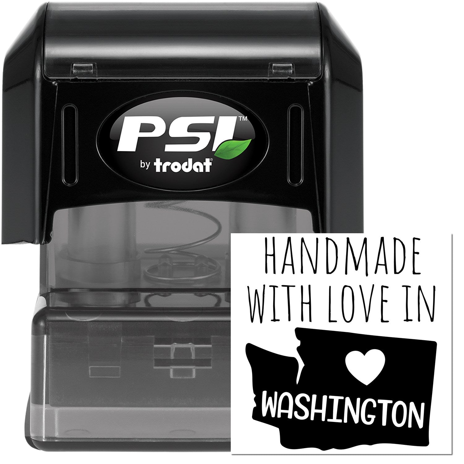 PSI Pre-Inked Handmade with Love in Washington stamp, featuring a black casing and a design with a heart over the state of Washington. Perfect for personalized crafting and gifts.