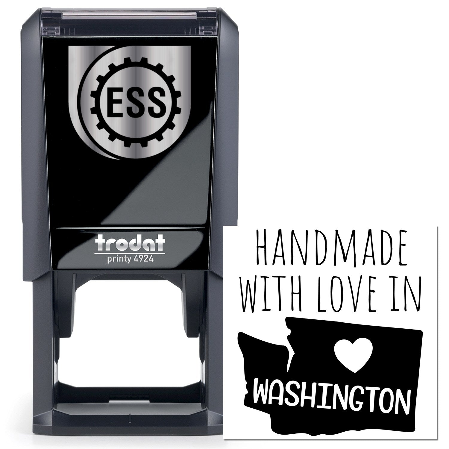 Self-Inking Washington Handmade with Love Stamp featuring a black casing and Handmade with Love in Washington design. Perfect for adding a personal touch to crafts and gifts.