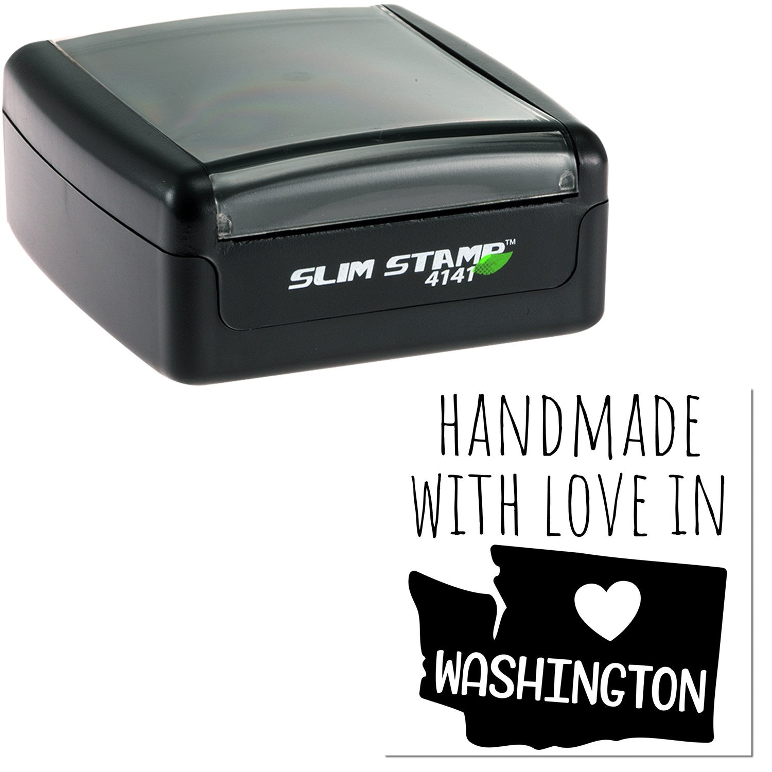 Handmade with Love in Washington Slim Pre-Inked Stamp, featuring a sleek black design with 'Slim Stamp 4141' branding and a heart graphic on a Washington state outline.