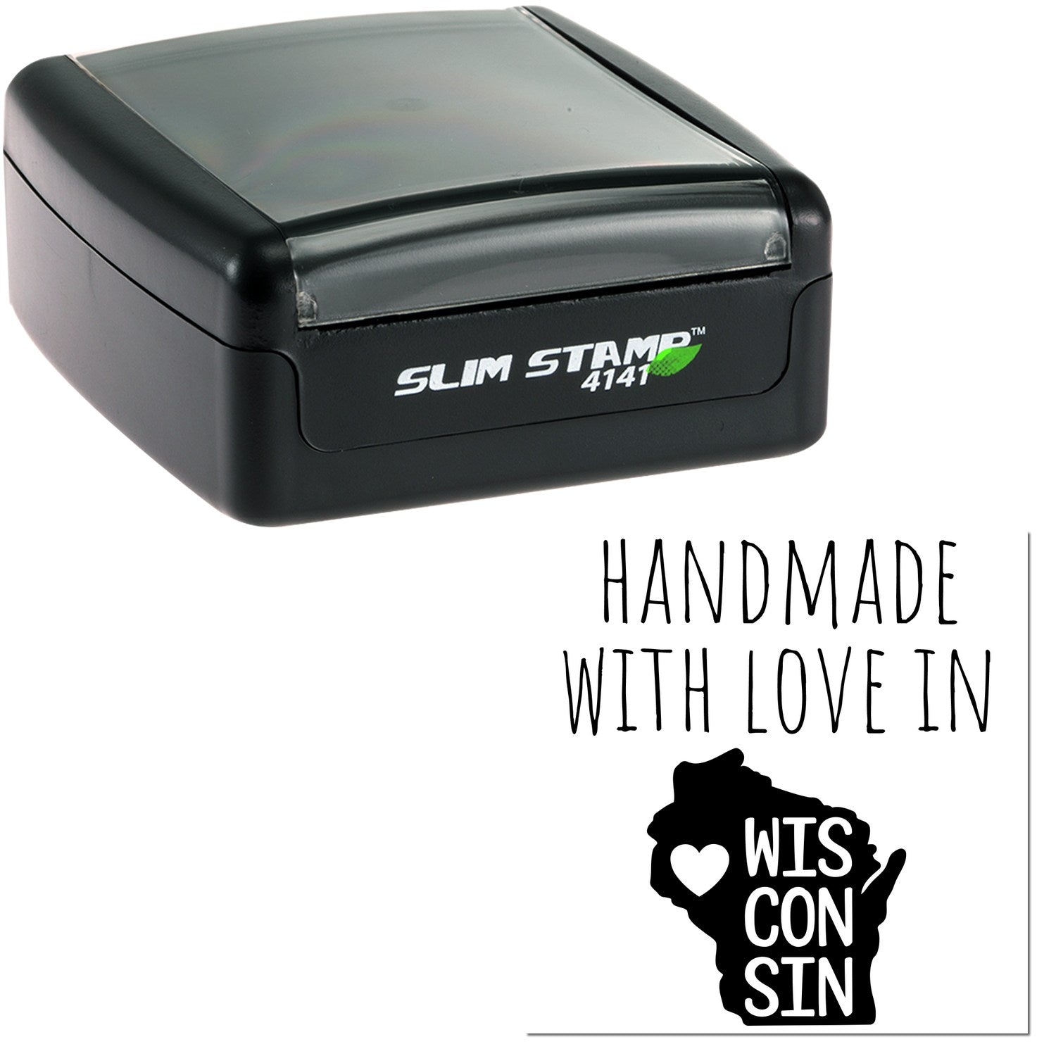 Image of the Handmade with Love in Wisconsin Slim Pre-Inked Stamp, featuring a compact black design with Slim Stamp 4141 branding, highlighting its Wisconsin craftsmanship.