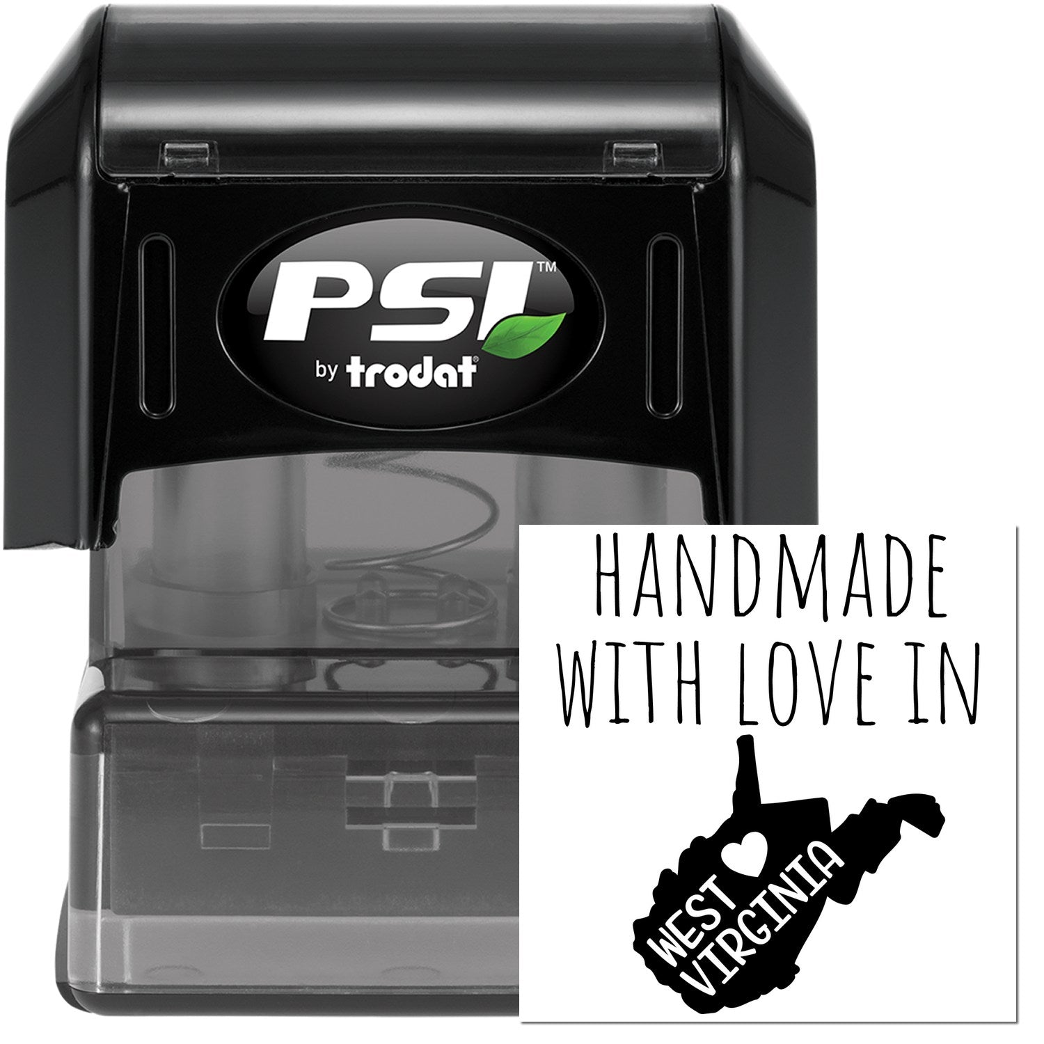 PSI Pre-Inked Handmade with Love in West Virginia stamp, featuring a black casing and a design with a heart and West Virginia map. Perfect for personalized crafting and gifts.