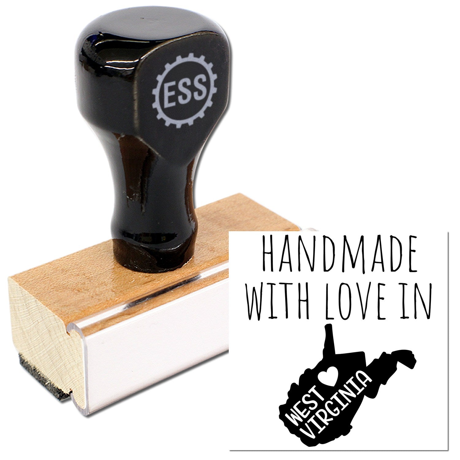 Wood Handle West Virginia Handmade with Love Rubber Stamp featuring a black handle and wooden base, alongside a stamped image of West Virginia with Handmade with Love text.