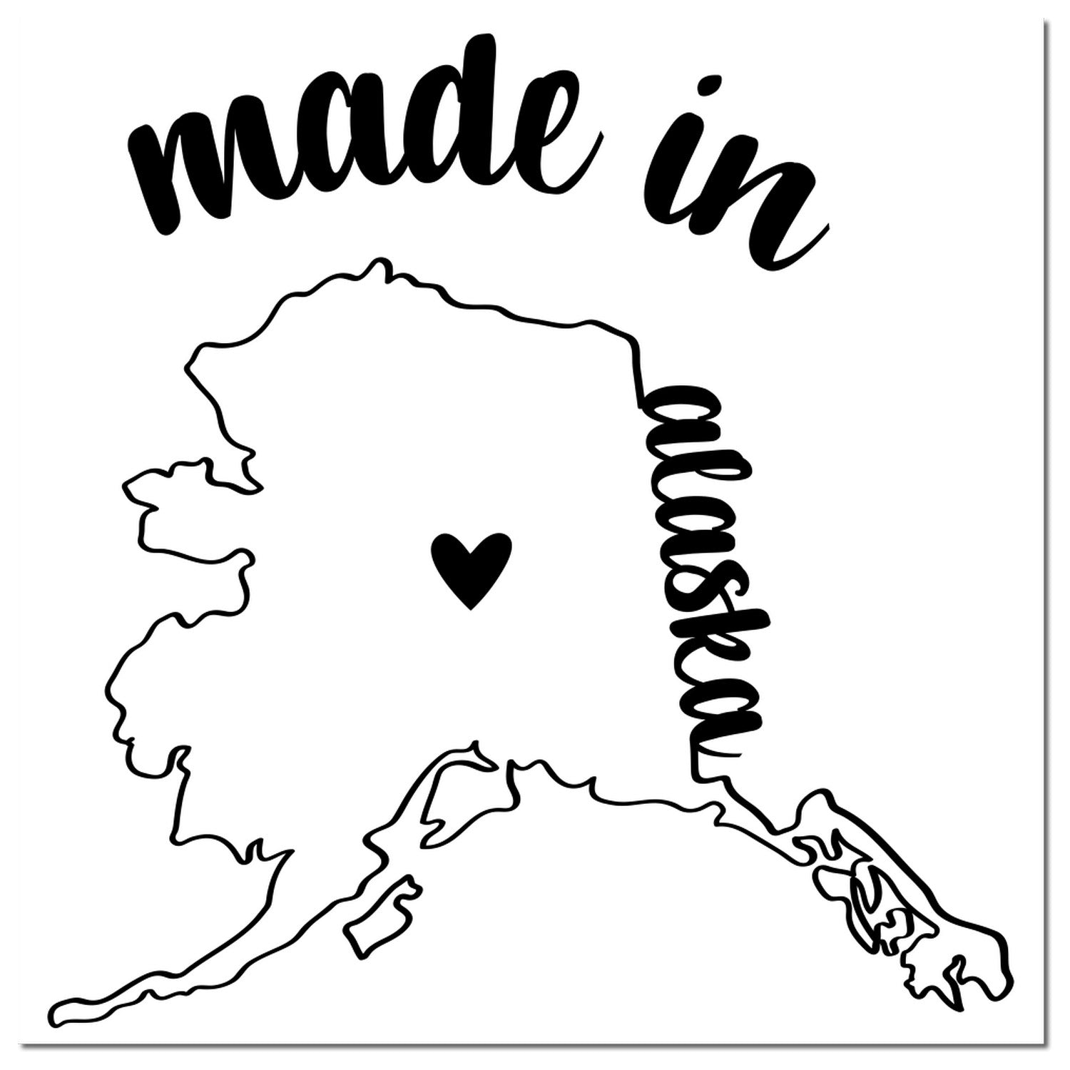 Made in Alaska Stamp Pre-Inked featuring a black outline of Alaska with a heart symbol, and 'made in Alaska' text above and beside the state outline.