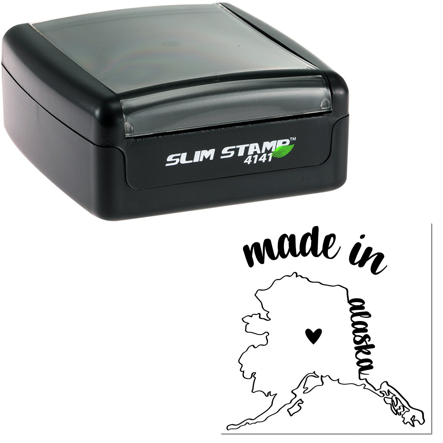 Slim Pre-Inked Stamp Alaska Made in Stamp, featuring a compact black design with Made in Alaska and a heart on the state outline. Ideal for efficient, high-quality stamping.