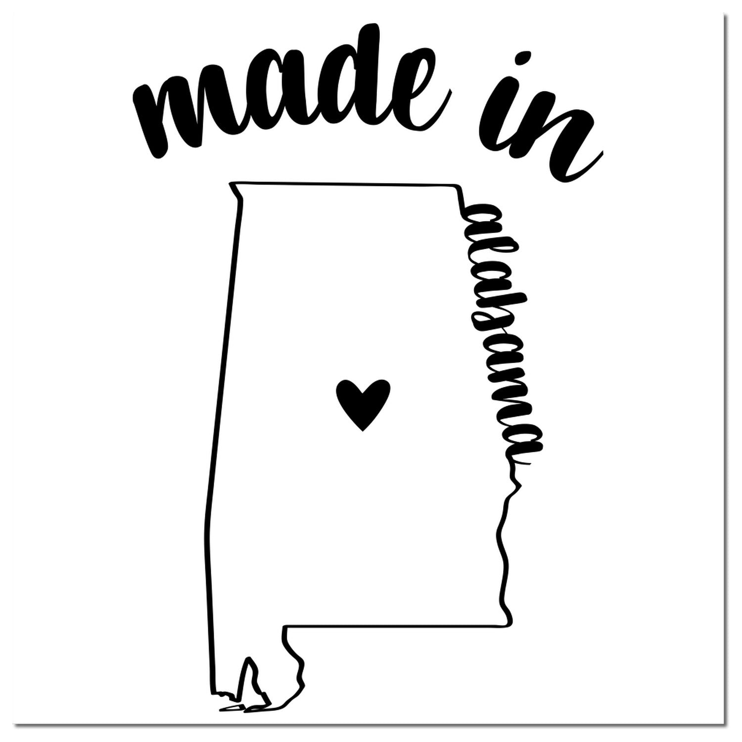 Made with Love in Alabama Rubber Stamp featuring a heart inside the outline of Alabama with 'made in' text above and 'Alabama' text along the side.