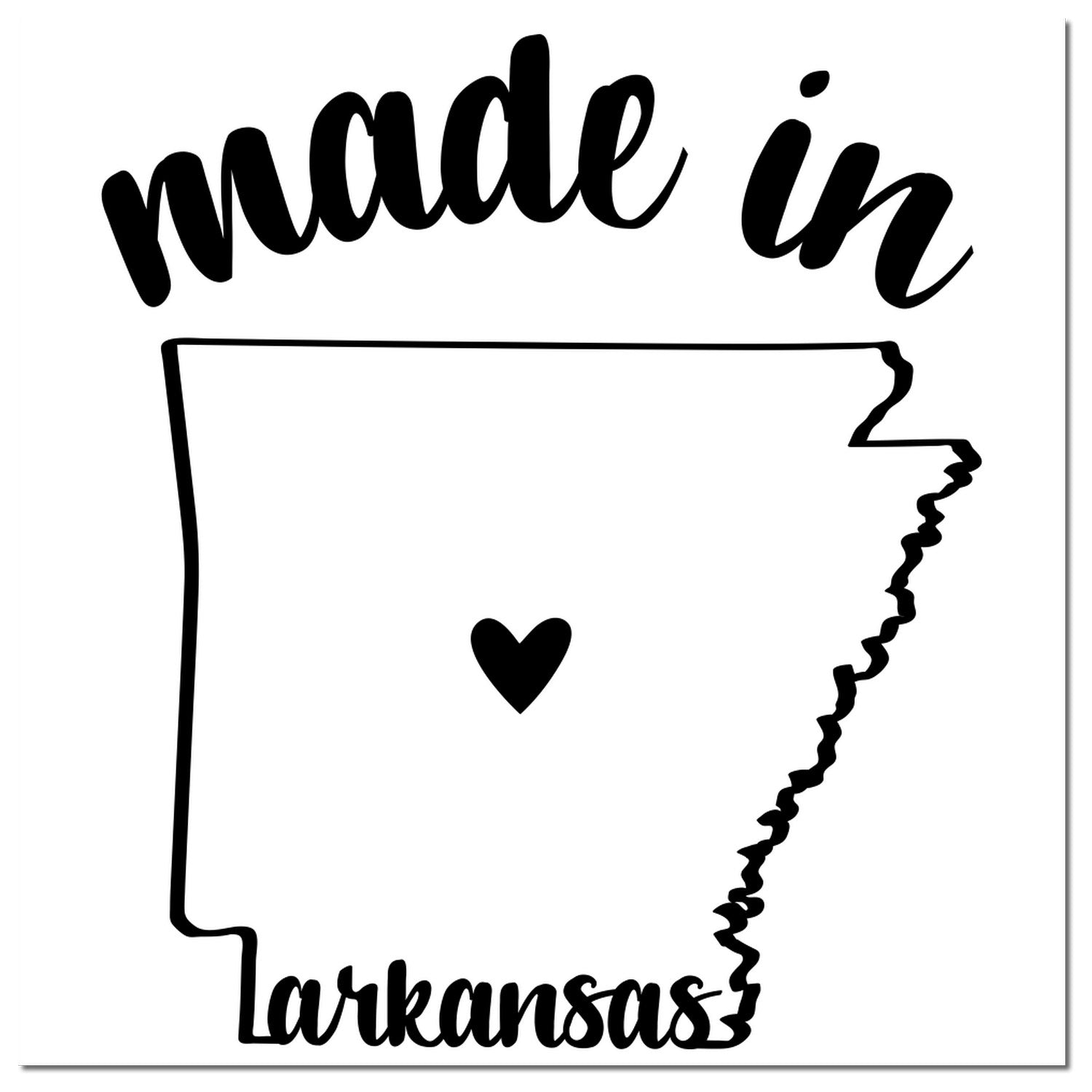 Made with Love in Arkansas Rubber Stamp featuring a black outline of Arkansas with a heart in the center, and stylish script text above and below. Perfect for crafts and gifts.