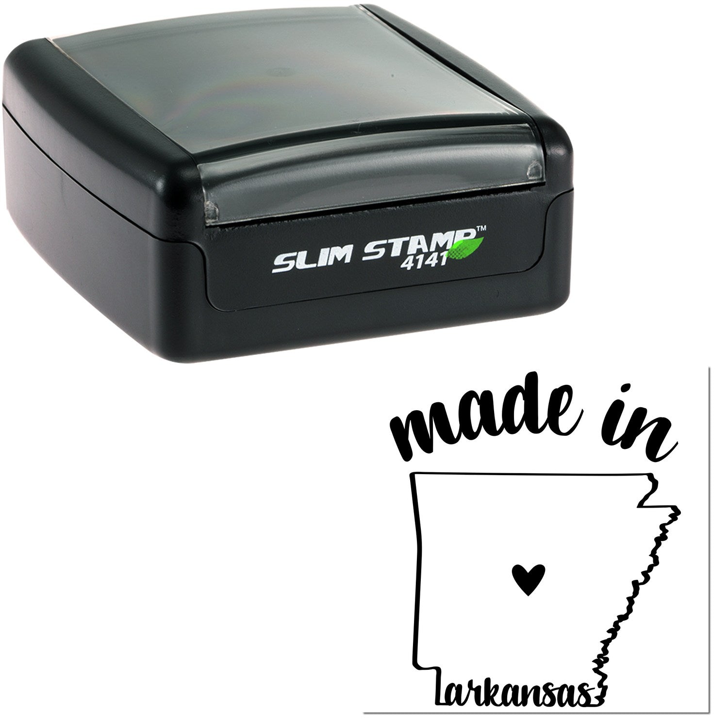 Slim Pre-Inked Stamp Arkansas Made in Stamp, featuring a sleek black design with 'Made in Arkansas' imprint and heart graphic, ideal for personalized stamping needs.