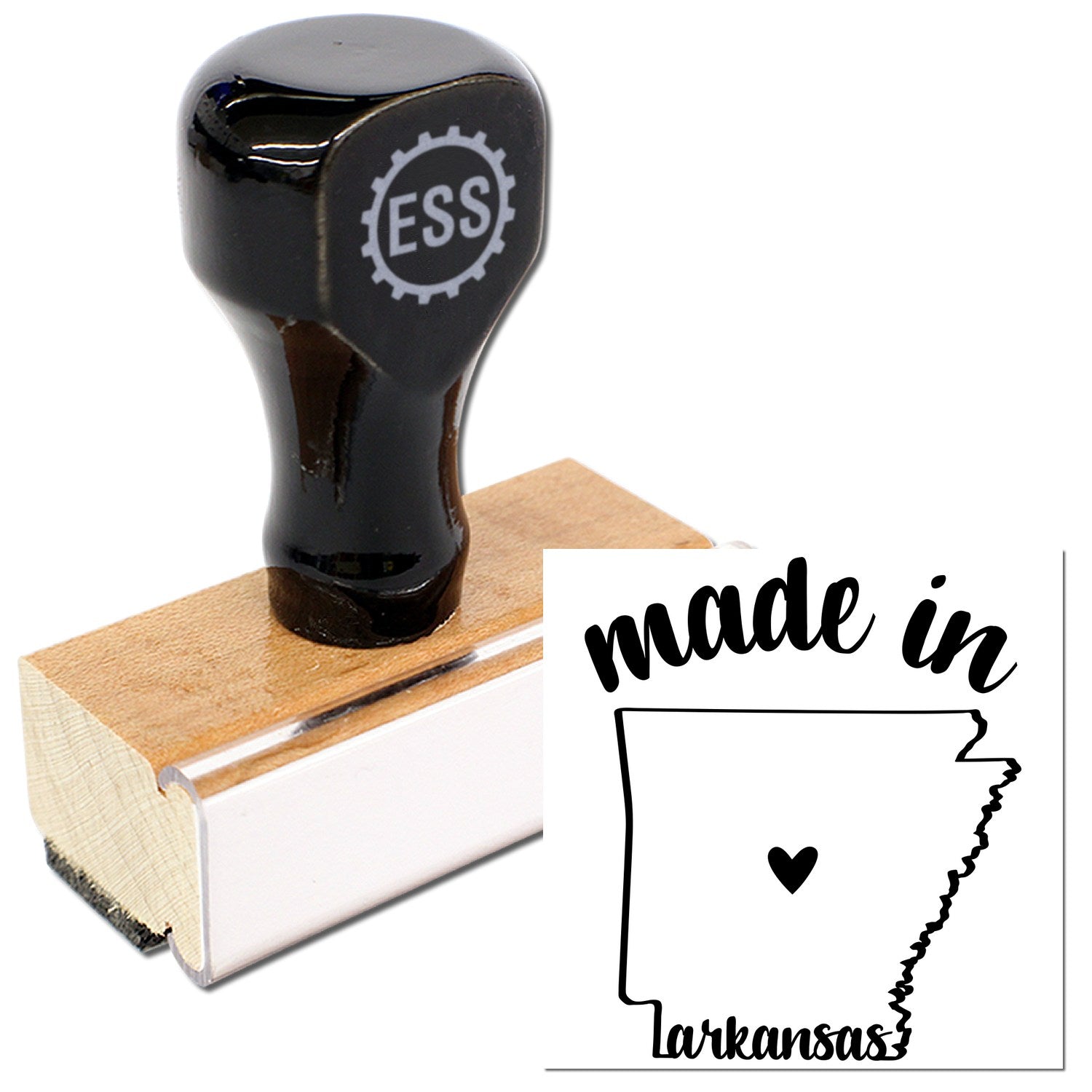 Made with Love in Arkansas Rubber Stamp featuring a wooden handle and black rubber design, showcasing the state outline with a heart. Perfect for crafts and personalized projects.