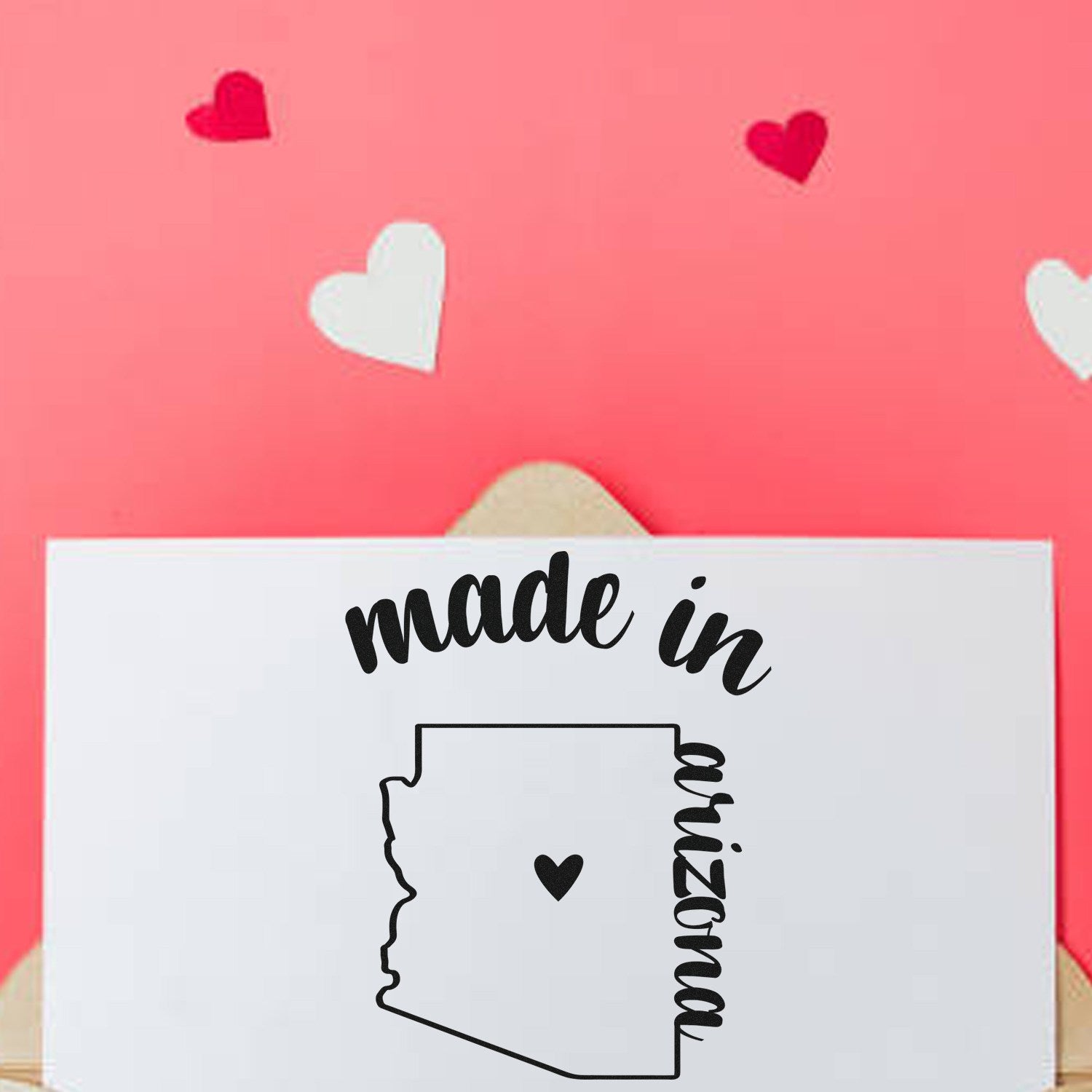 Self-Inking Handmade with Love in Arizona Stamp on pink background with hearts, featuring 'made in Arizona' text and state outline. Perfect for crafts and gifts.