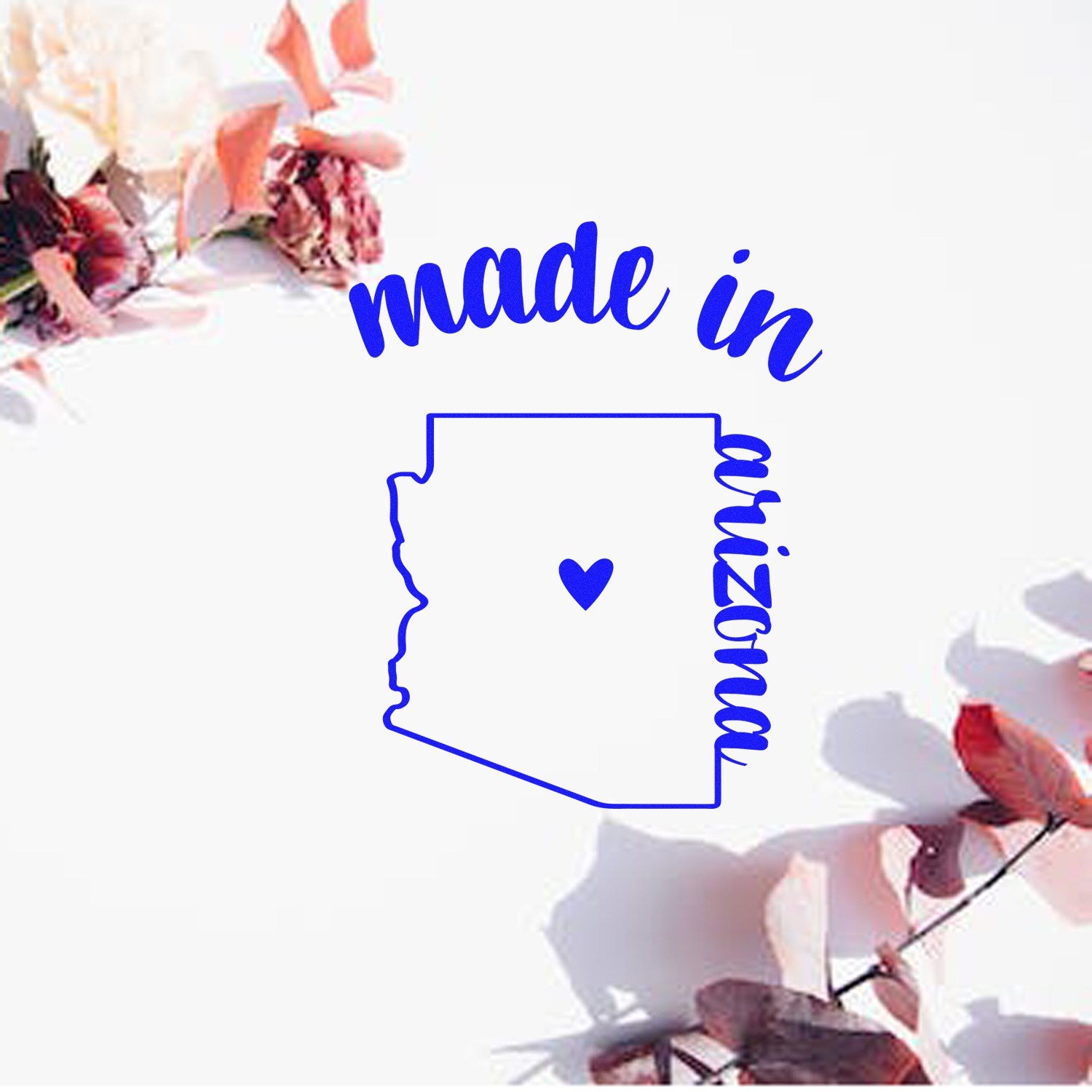 Self-Inking Handmade with Love in Arizona Stamp featuring a blue outline of Arizona with a heart, surrounded by pink and red flowers on a white background.