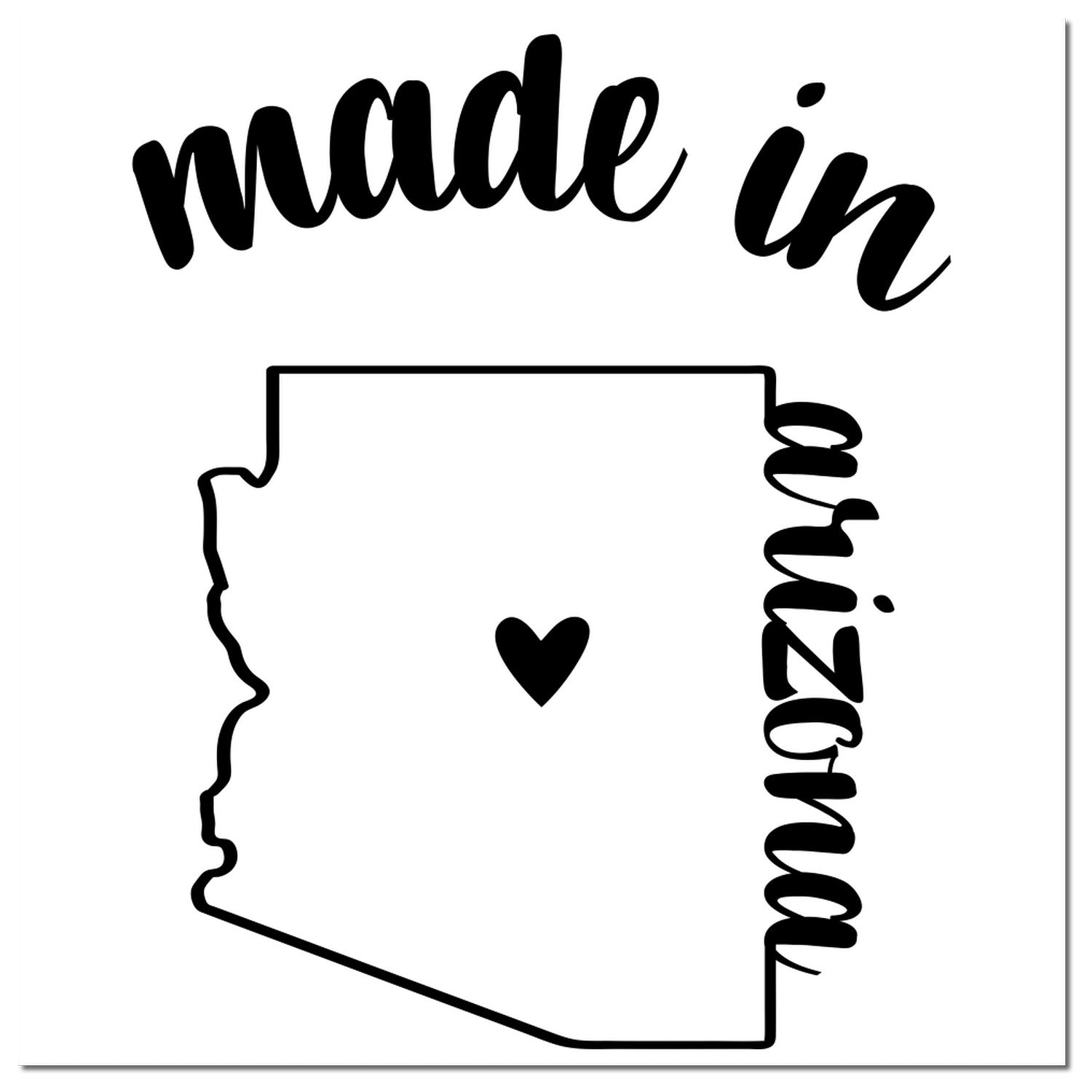 Self-Inking Handmade with Love in Arizona Stamp featuring a heart inside the state outline, with made in and Arizona text in stylish fonts. Perfect for crafts and gifts.