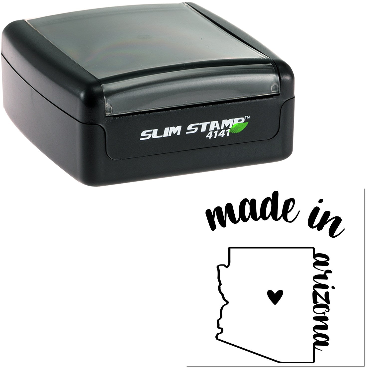 Slim Pre-Inked Stamp Arizona Made in Stamp, black casing with 'Slim Stamp 4141' label, featuring a heart inside the Arizona state outline with 'made in arizona' text.