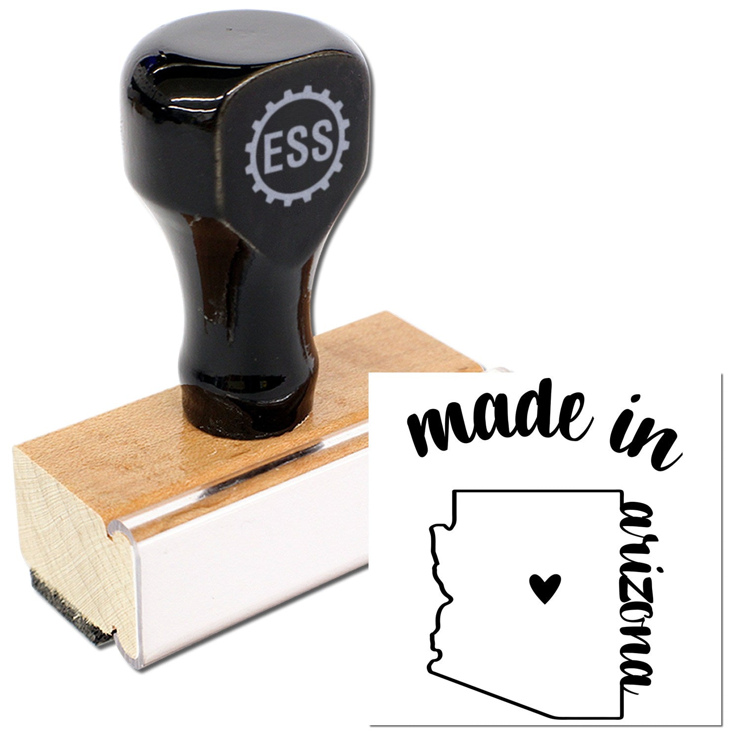 Made with Love in Arizona Rubber Stamp featuring a wooden handle and black rubber design with Arizona state outline and heart. Perfect for crafts and personalized projects.