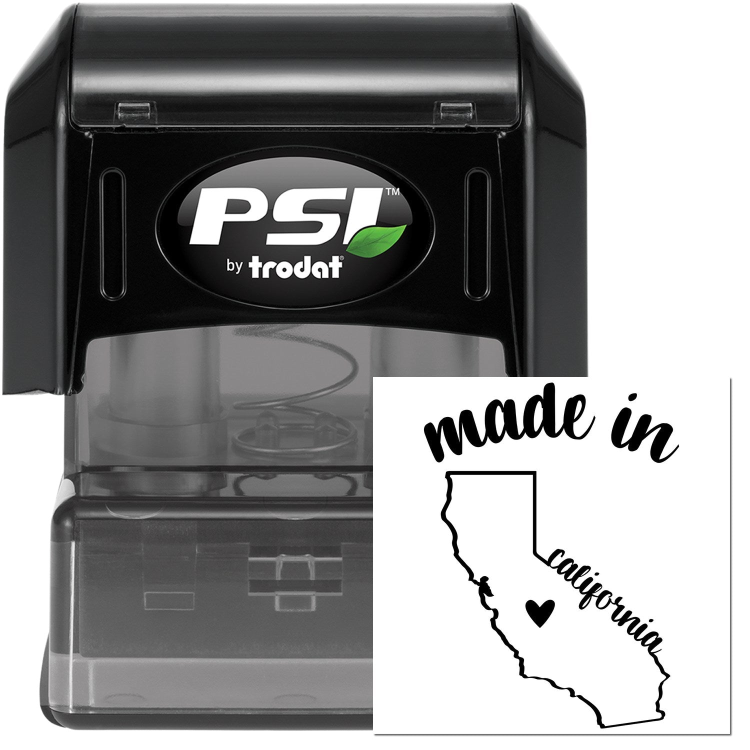 Made in California Stamp Pre-Inked featuring a black casing with a clear base, showcasing a design of California's outline with made in text and a heart symbol.