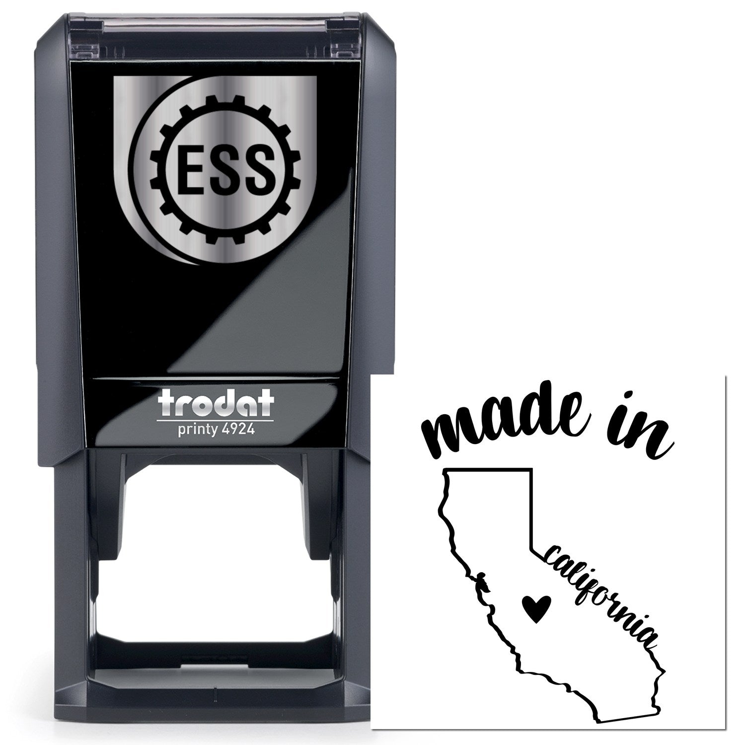 Self-Inking Handmade with Love in California Stamp featuring a sleek black design with ESS logo, perfect for adding a personal touch to crafts and stationery.