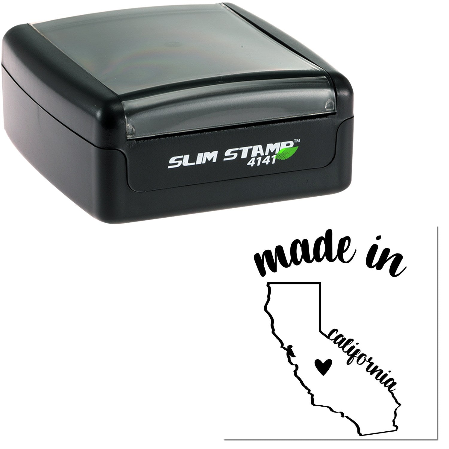 Slim Pre-Inked Stamp California Made in Stamp, black, compact design with Made in California imprint featuring state outline and heart. Ideal for efficient, high-quality stamping.