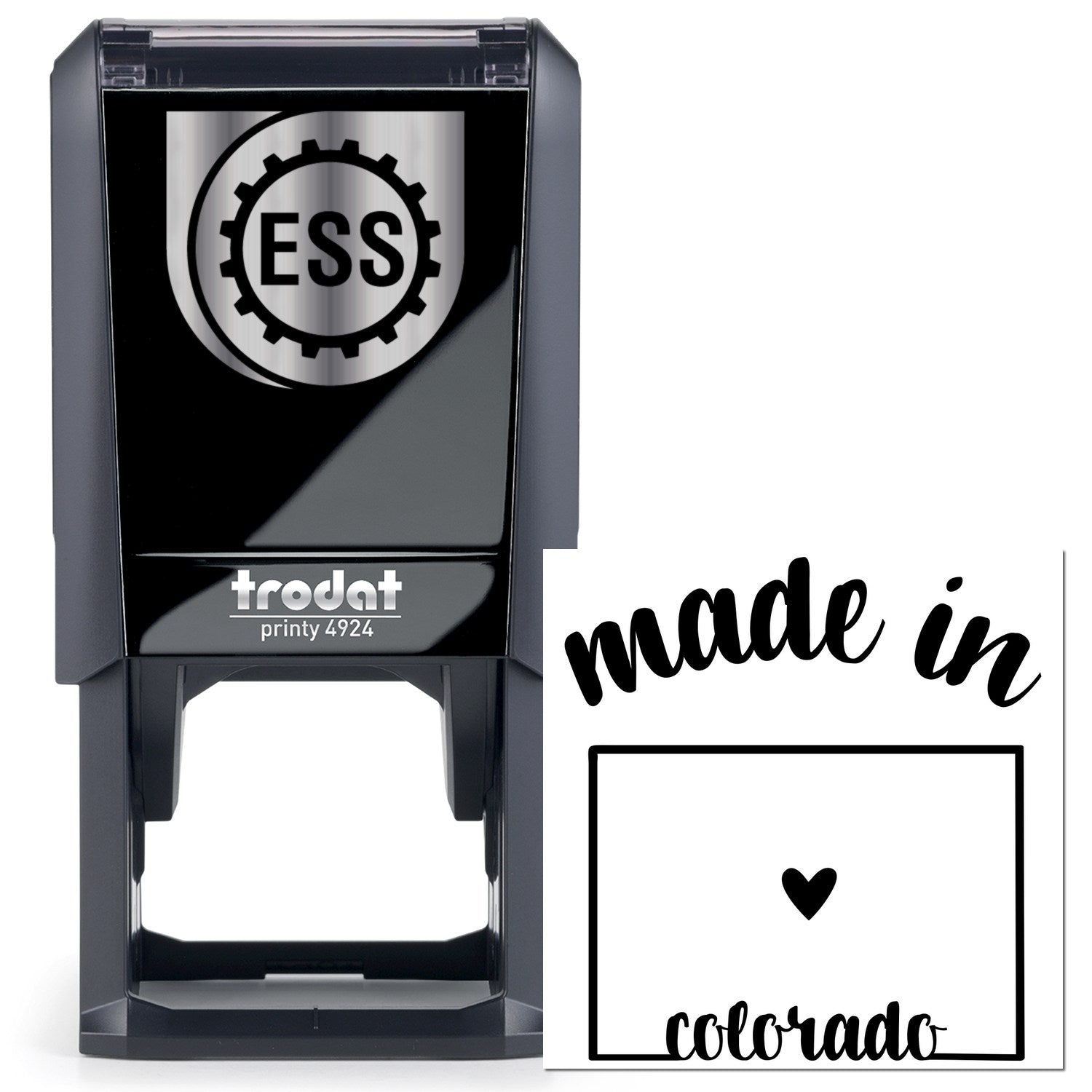 Self-Inking Handmade with Love in Colorado Stamp featuring a sleek black design with ESS logo. Perfect for adding a personal touch to crafts and gifts.