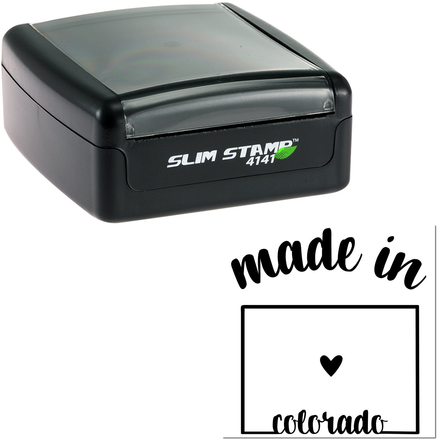 Slim Pre-Inked Stamp Colorado Made in Stamp, black casing, compact design, with made in Colorado imprint featuring a heart and state outline. Perfect for efficient, stylish stamping.