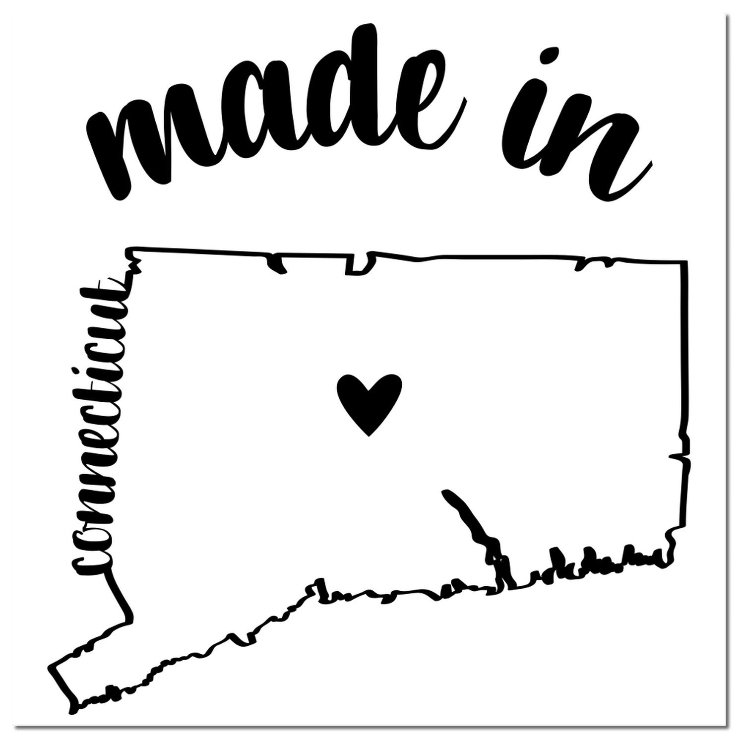 Made with Love in Connecticut Rubber Stamp featuring a heart inside the state outline, with 'made in' and 'Connecticut' text in stylish fonts. Perfect for crafts and gifts.