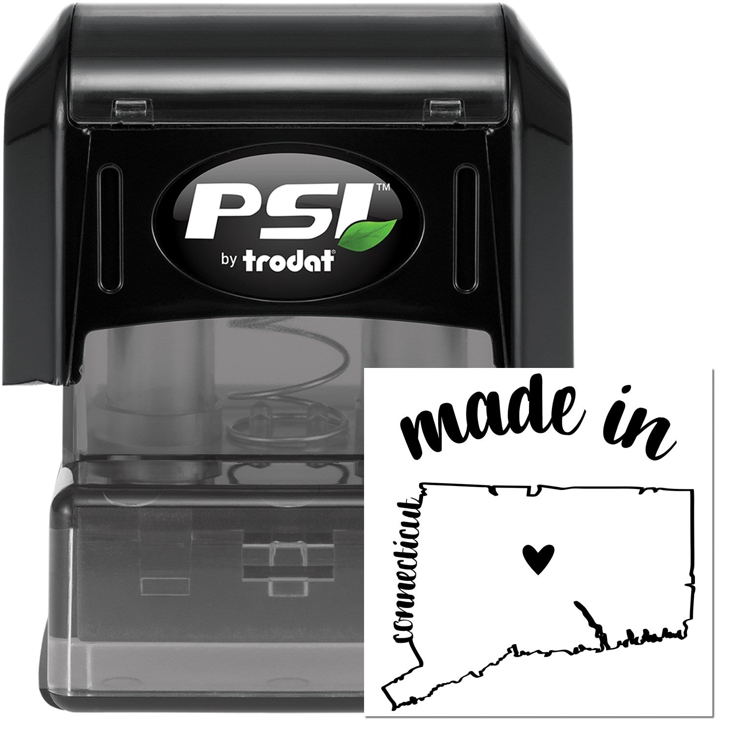 Made in Connecticut Stamp Pre-Inked, featuring a black casing with 'PSI by Trodat' logo and a stamp design of Connecticut state outline with 'made in Connecticut' text and heart icon.