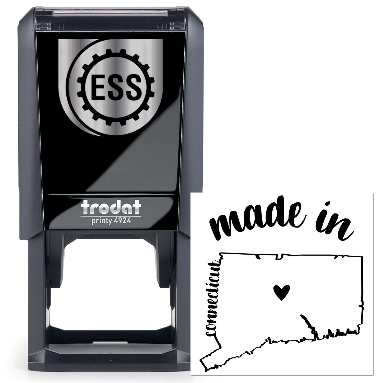 Self-Inking Handmade with Love in Connecticut Stamp featuring a sleek black design with ESS logo, map outline, and heart symbol. Perfect for adding a personal touch to crafts and gifts.