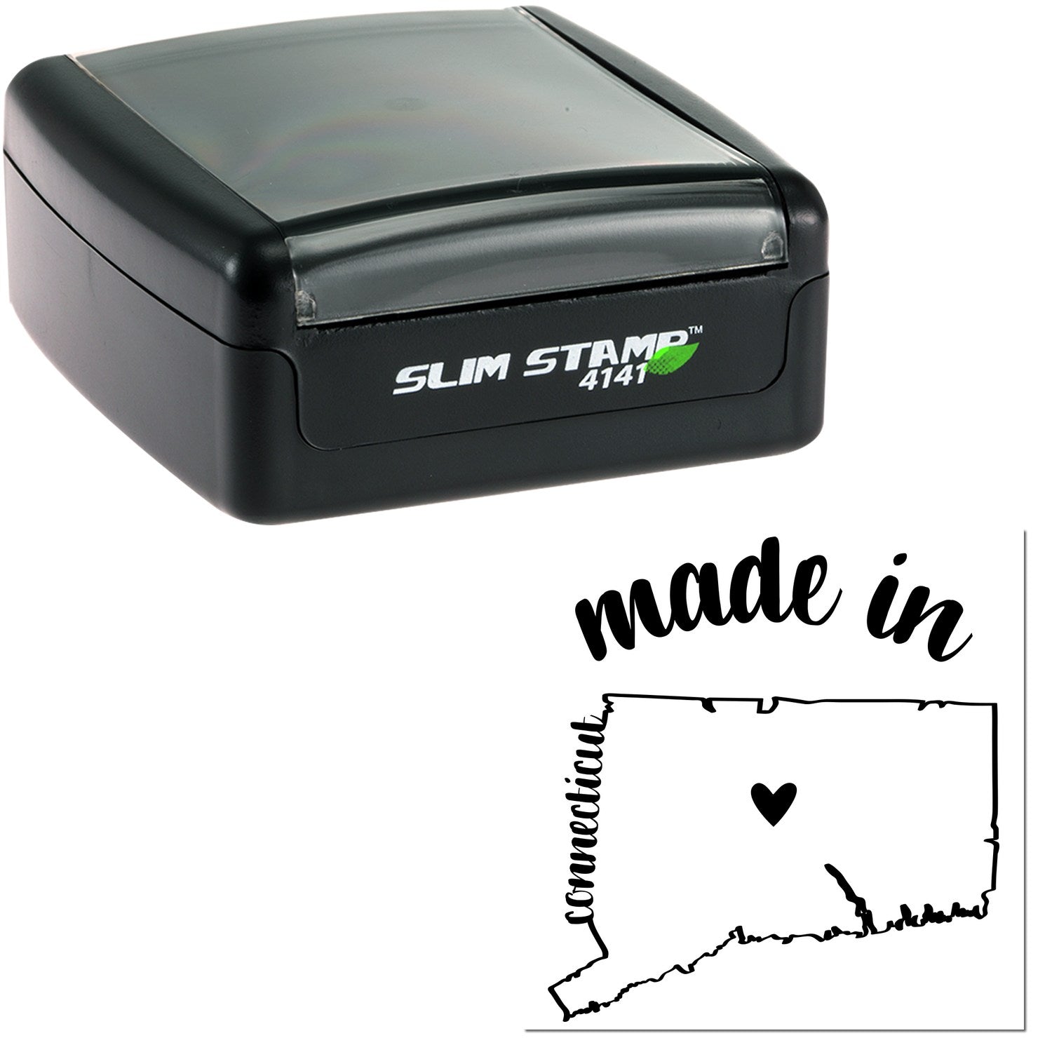 Slim Pre-Inked Stamp Connecticut Made in Stamp, black casing, compact design, with 'made in Connecticut' imprint featuring a heart symbol on the state outline.