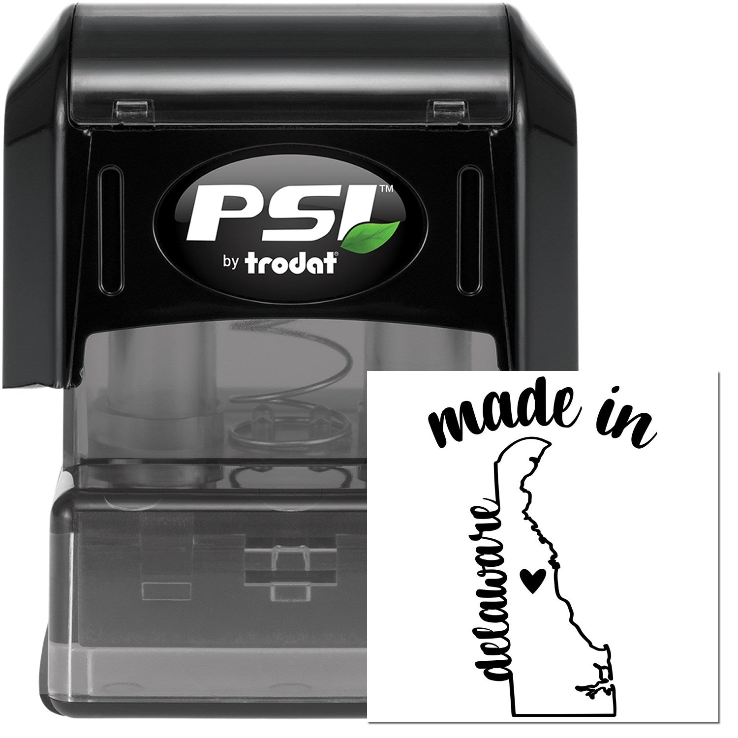 Made in Delaware Stamp Pre-Inked, featuring a black casing with a map outline of Delaware and 'made in' text, ideal for crafting and business use.