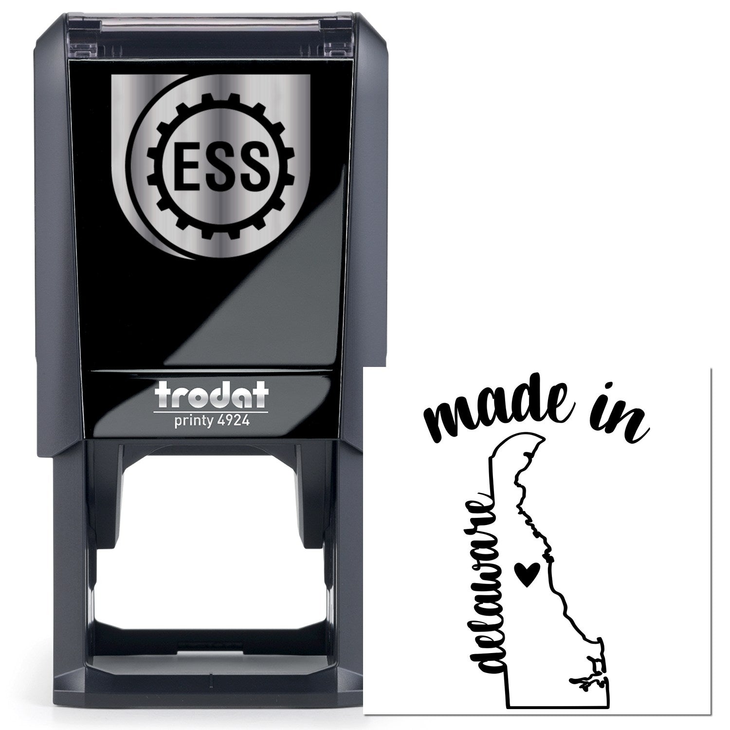 Self-Inking Handmade with Love in Delaware Stamp featuring a black casing and a map outline with 'made in Delaware' text. Perfect for crafts and personalized projects.