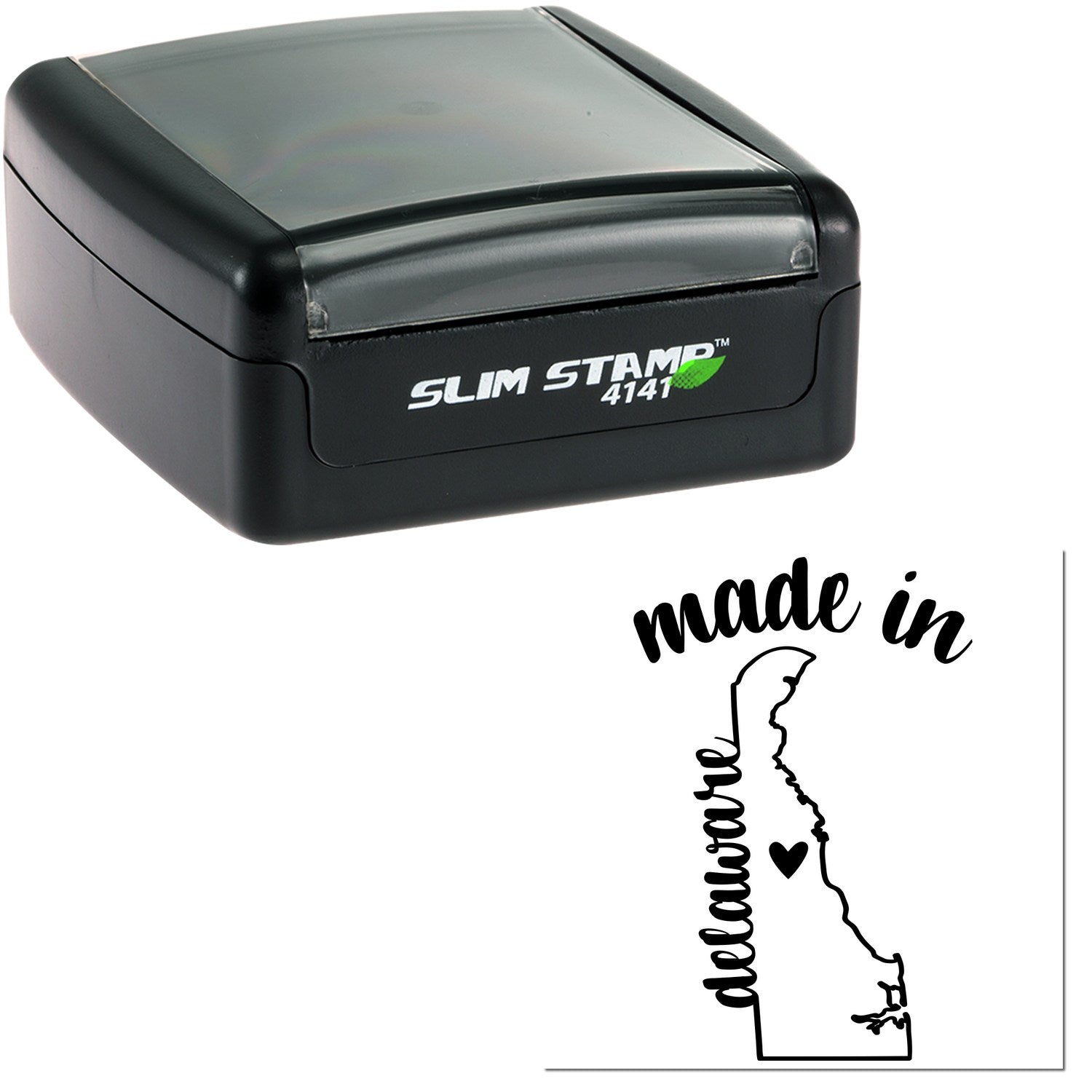 Slim Pre-Inked Stamp Delaware Made in Stamp, featuring a sleek black design with Slim Stamp 4141 branding and a Made in Delaware imprint with state outline and heart.