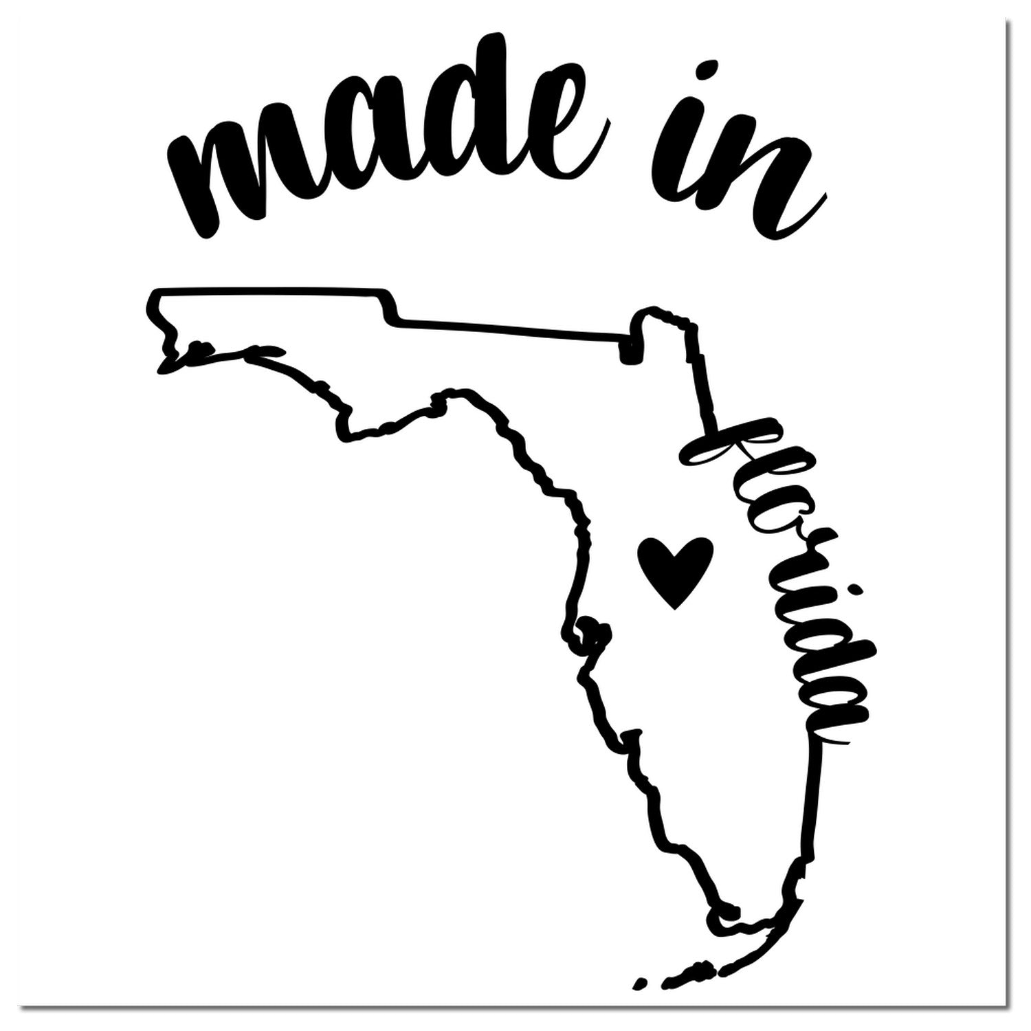 Made in Florida Stamp Pre-Inked featuring a black outline of Florida with 'made in' above and 'Florida' alongside, accented by a heart. Perfect for adding a local touch to projects.