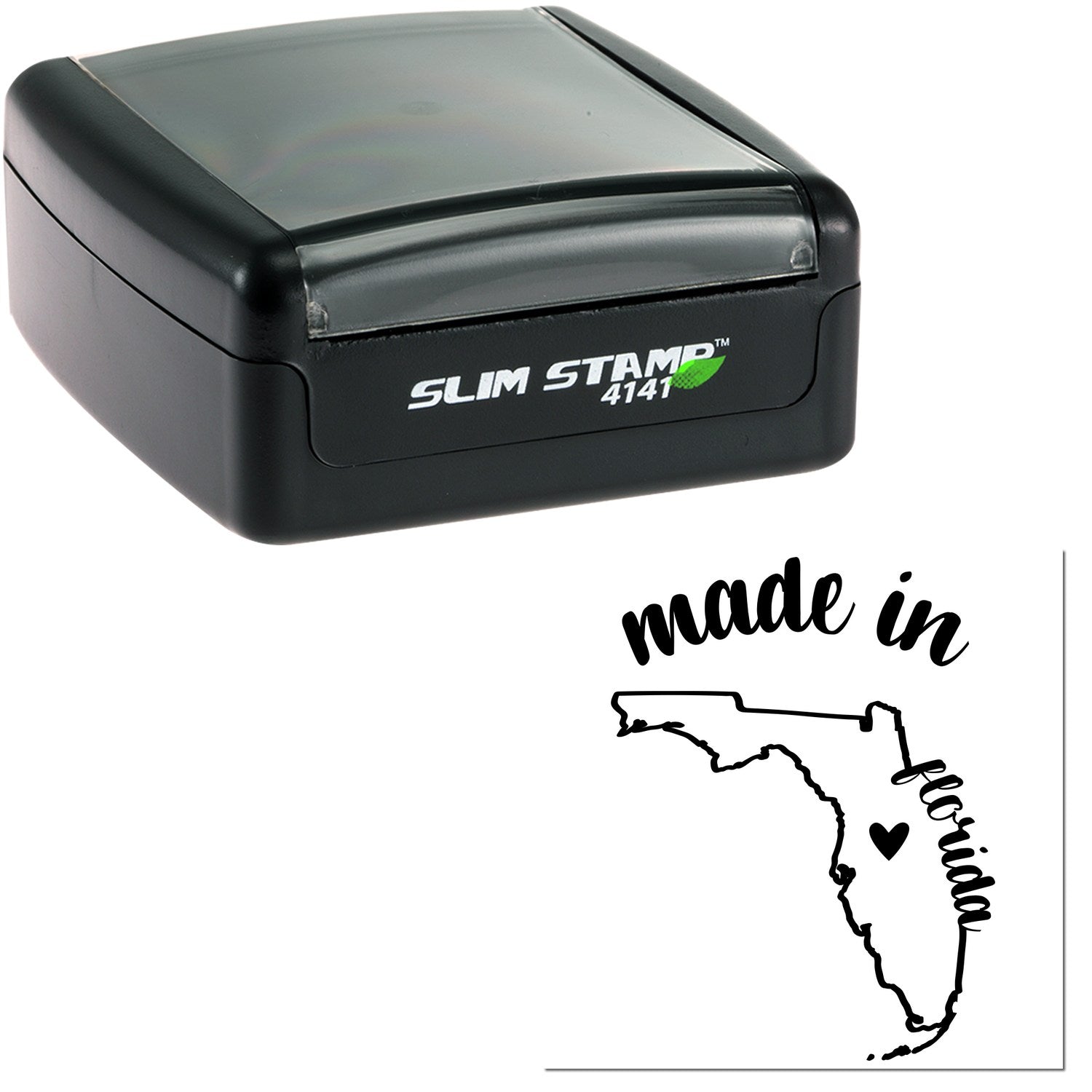 Slim Pre-Inked Stamp Florida Made in Stamp, black casing, compact design, with 'Made in Florida' imprint featuring a heart and state outline.