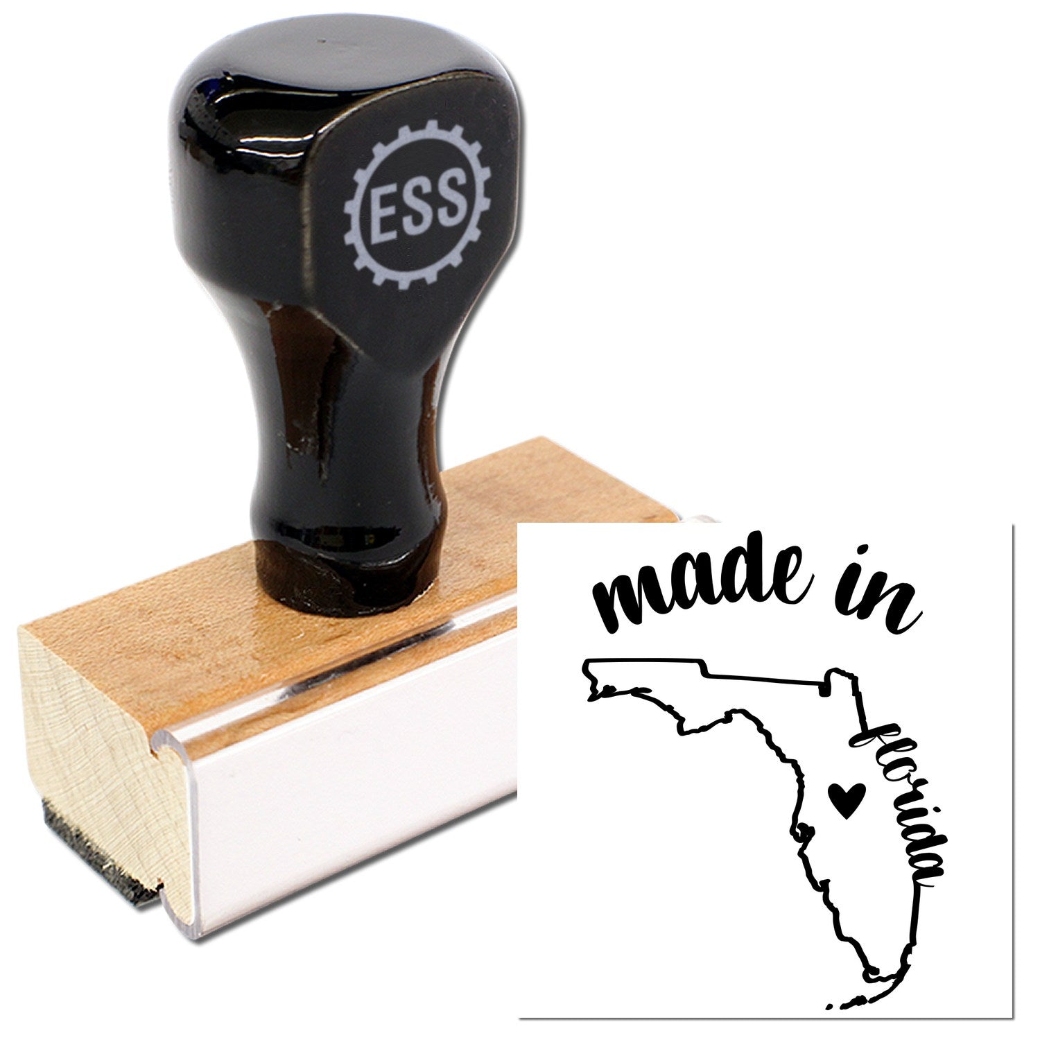 Made with Love in Florida Rubber Stamp featuring a wooden handle and black design, showcasing the state outline with a heart. Perfect for crafts and personalized projects.