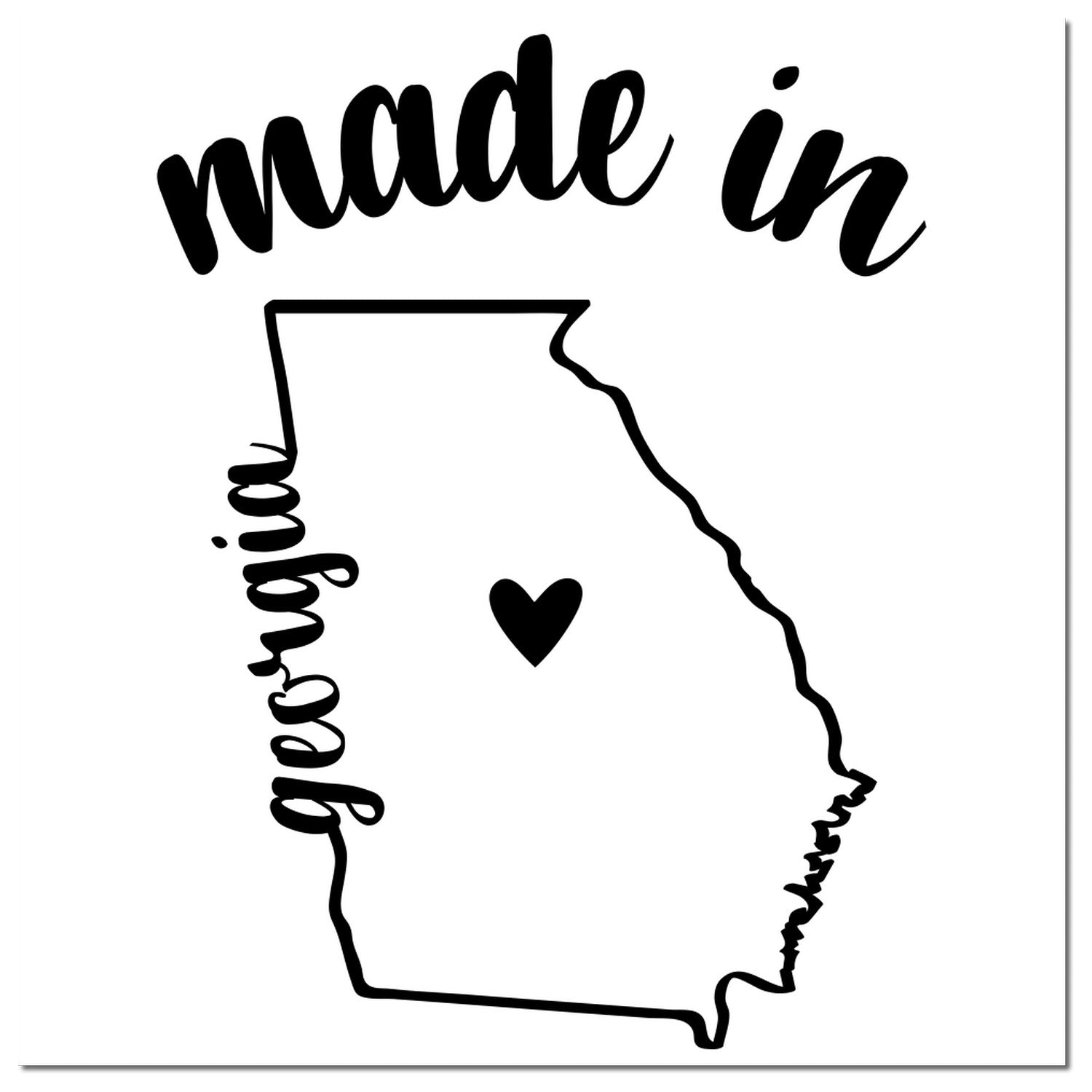 Made with Love in Georgia Rubber Stamp featuring a heart inside the state outline with 'made in' above and 'georgia' along the side. Perfect for crafts and gifts.