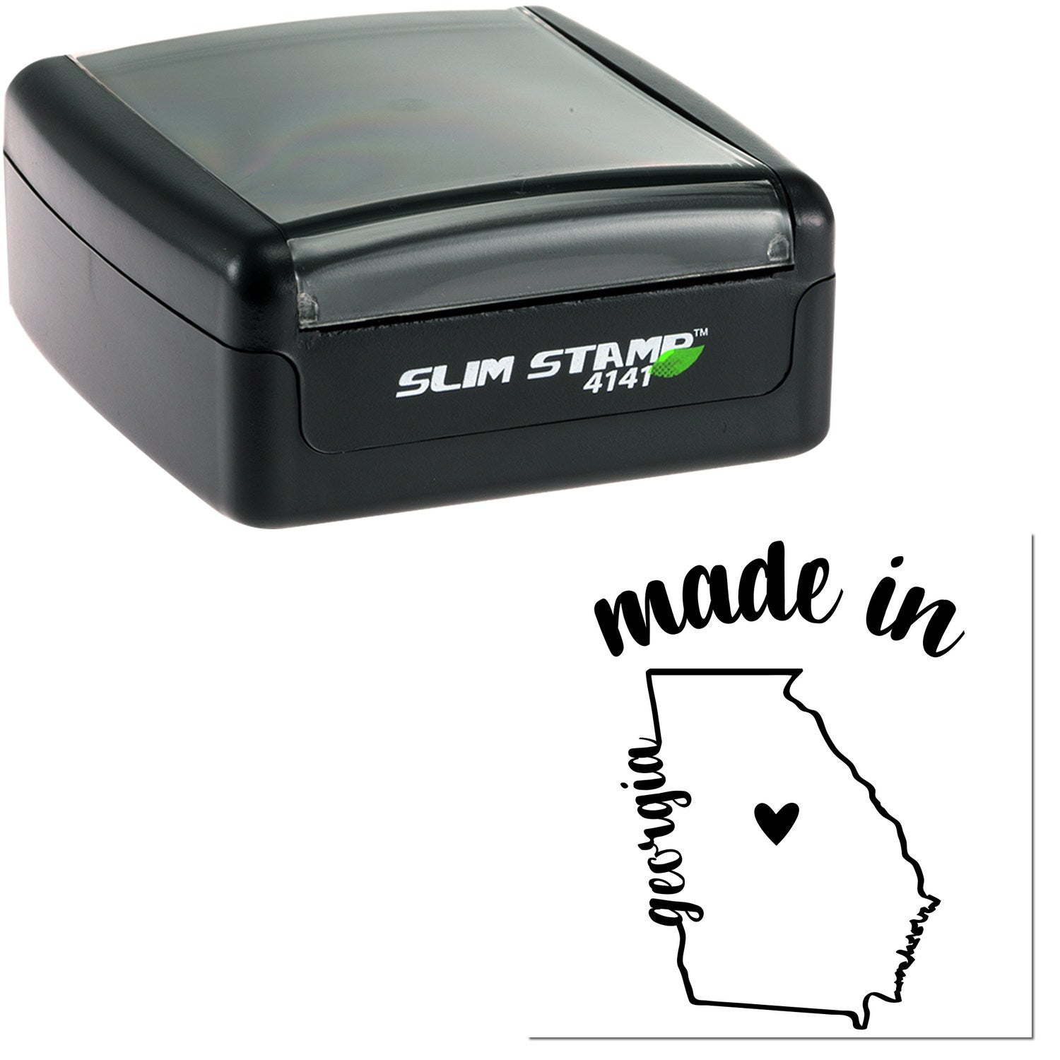 Slim Pre-Inked Stamp Georgia Made in Stamp, featuring a sleek black design with Slim Stamp 4141 branding, and a made in Georgia imprint with a heart inside the state outline.