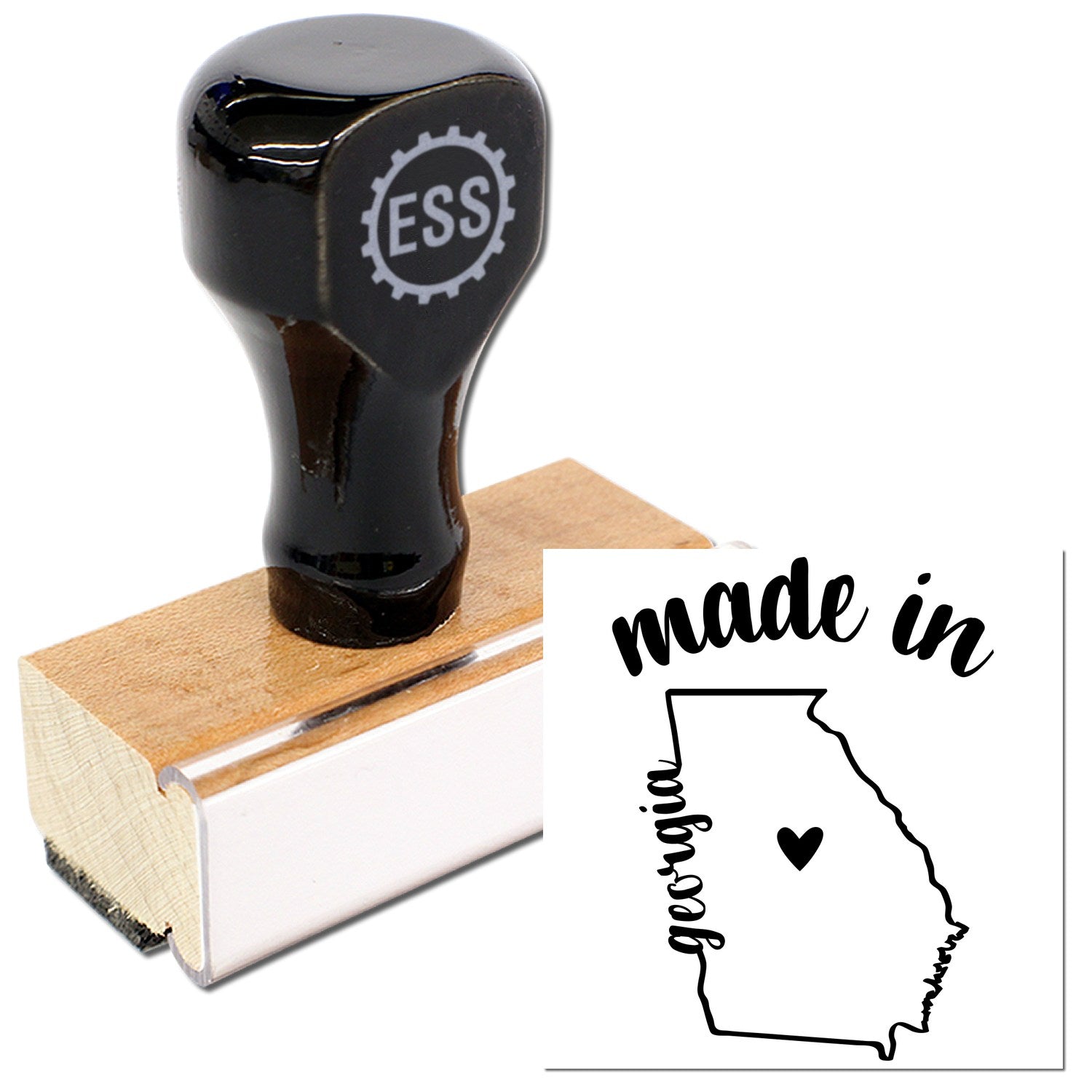 Made with Love in Georgia Rubber Stamp featuring a wooden handle and black rubber design with 'made in Georgia' text and state outline. Perfect for crafts and branding.