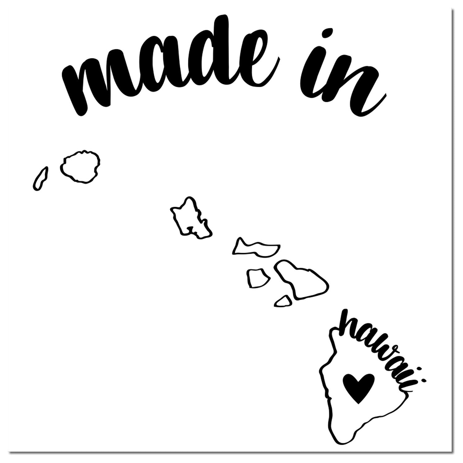 Made with Love in Hawaii Rubber Stamp featuring a black imprint of the Hawaiian Islands with 'made in' and 'Hawaii' text, accented by a heart symbol. Perfect for crafts and gifts.